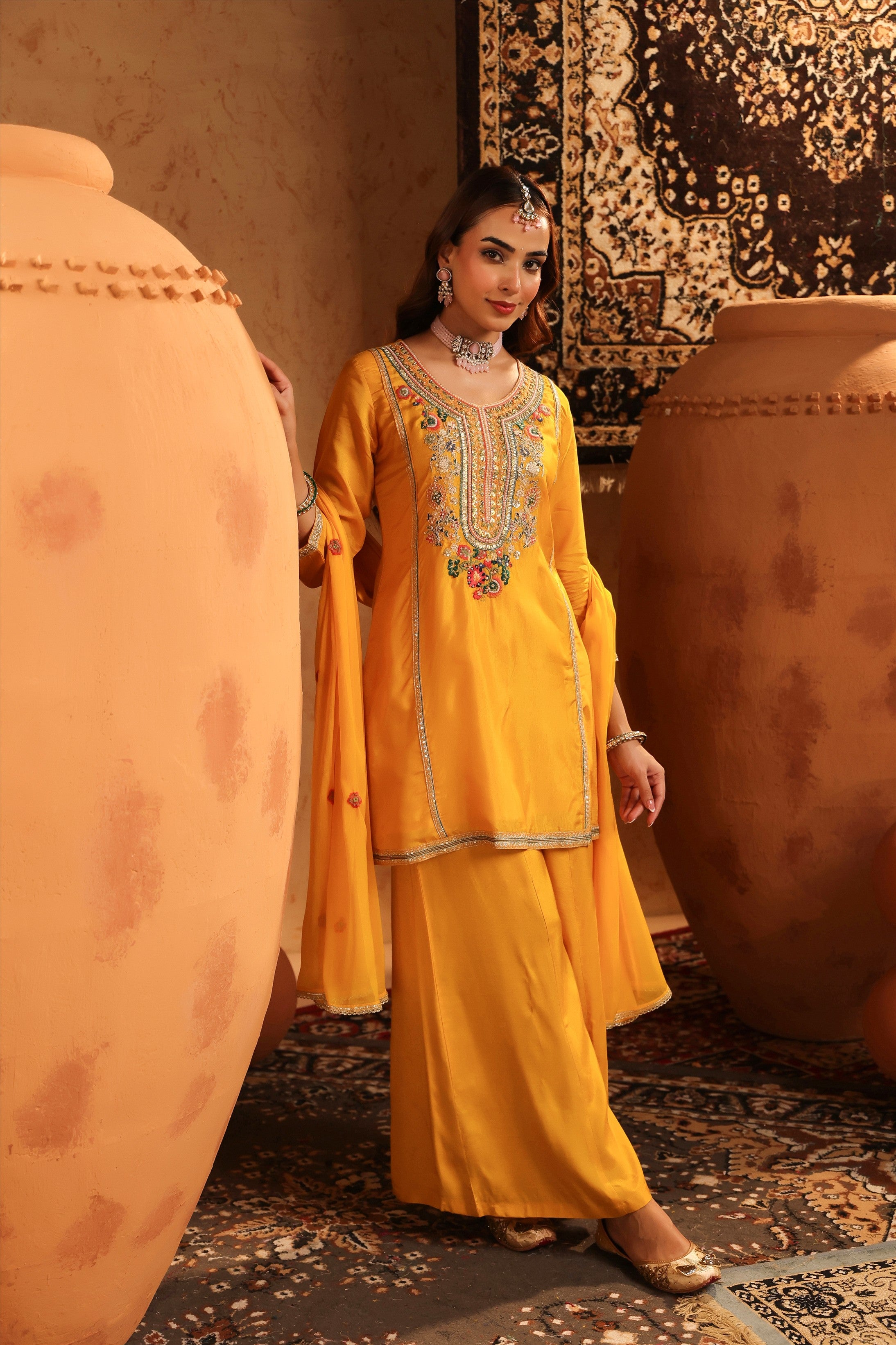 Mustard Russian Silk Embroidered Sharara Suit Set