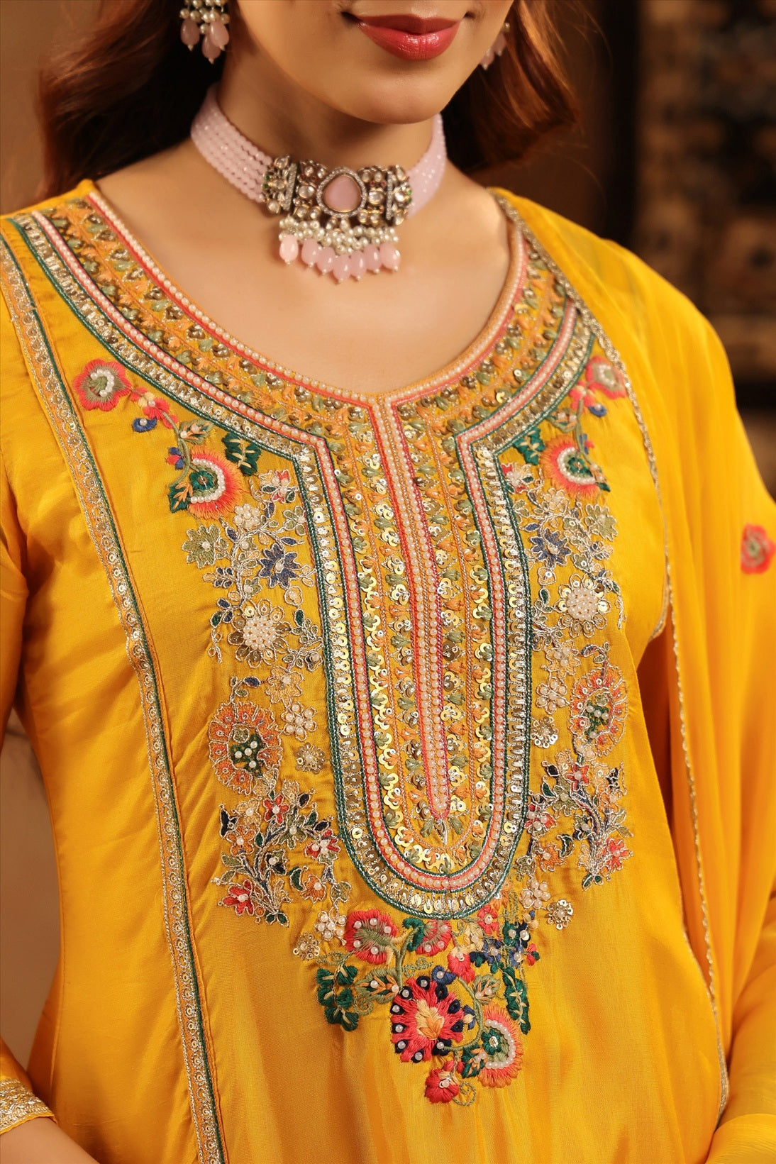 Mustard Russian Silk Embroidered Sharara Suit Set