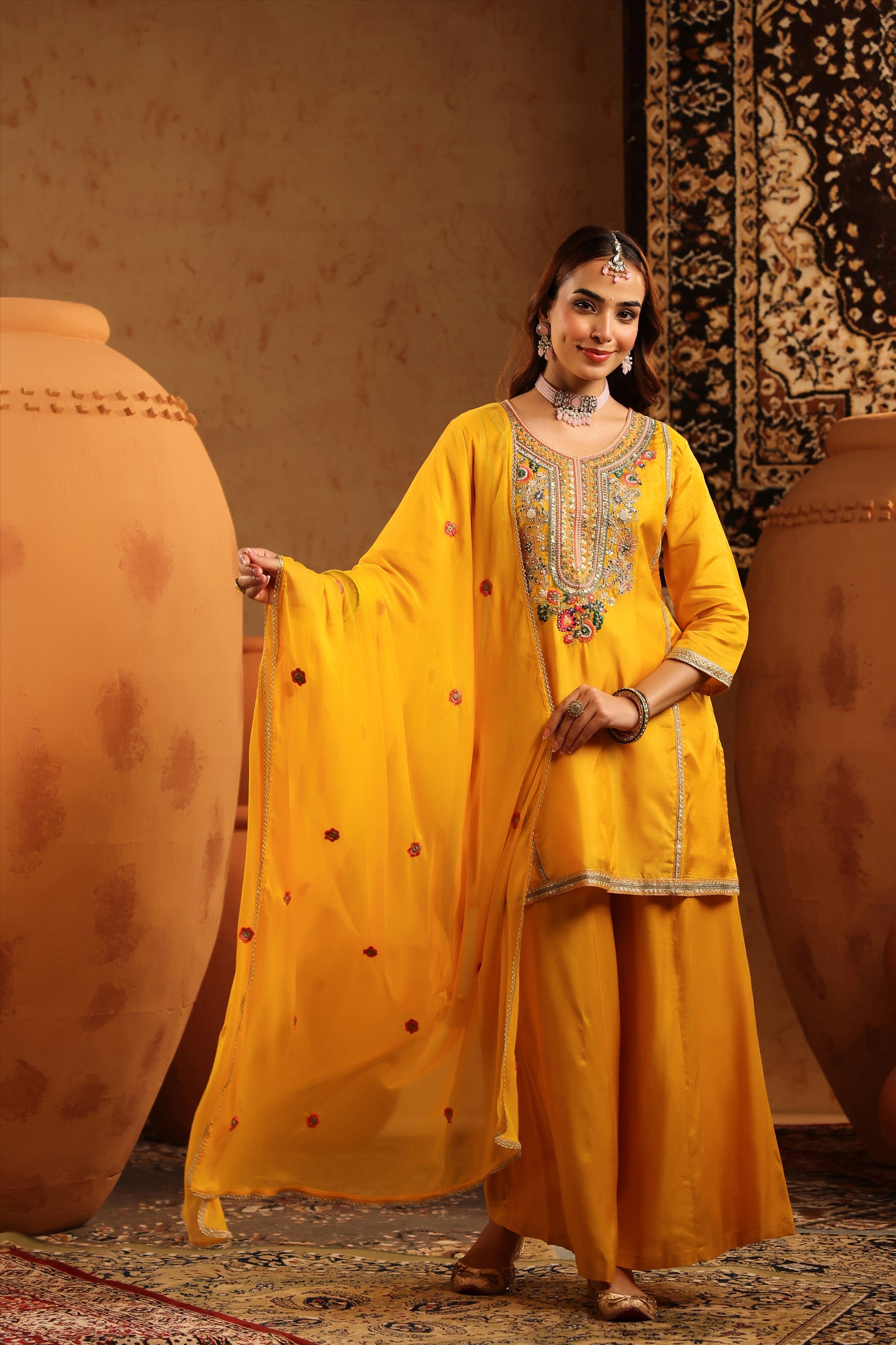 Mustard Russian Silk Embroidered Sharara Suit Set