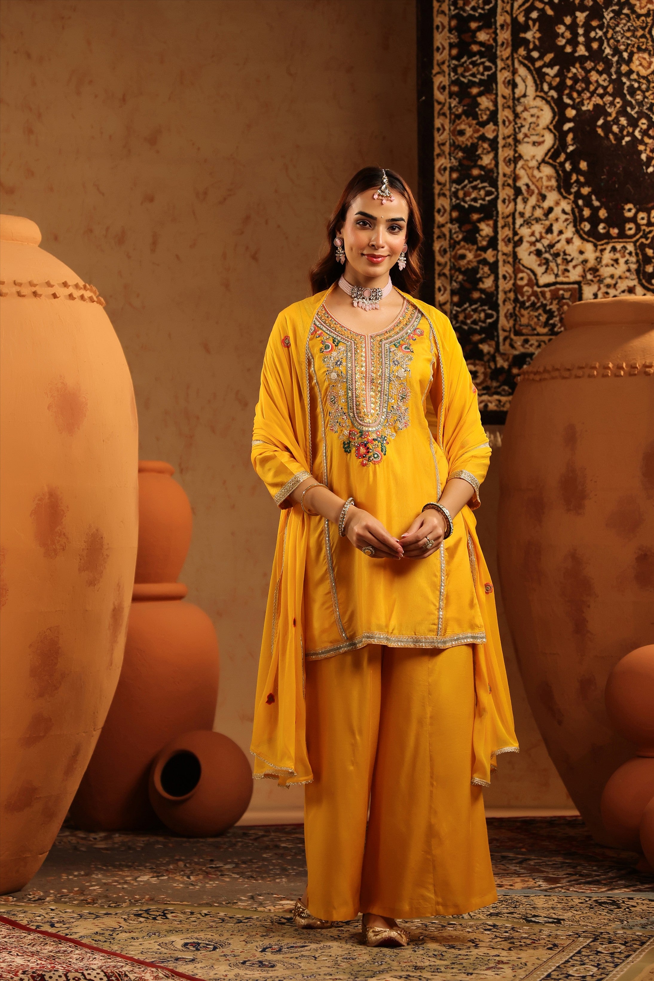 Mustard Russian Silk Embroidered Sharara Suit Set