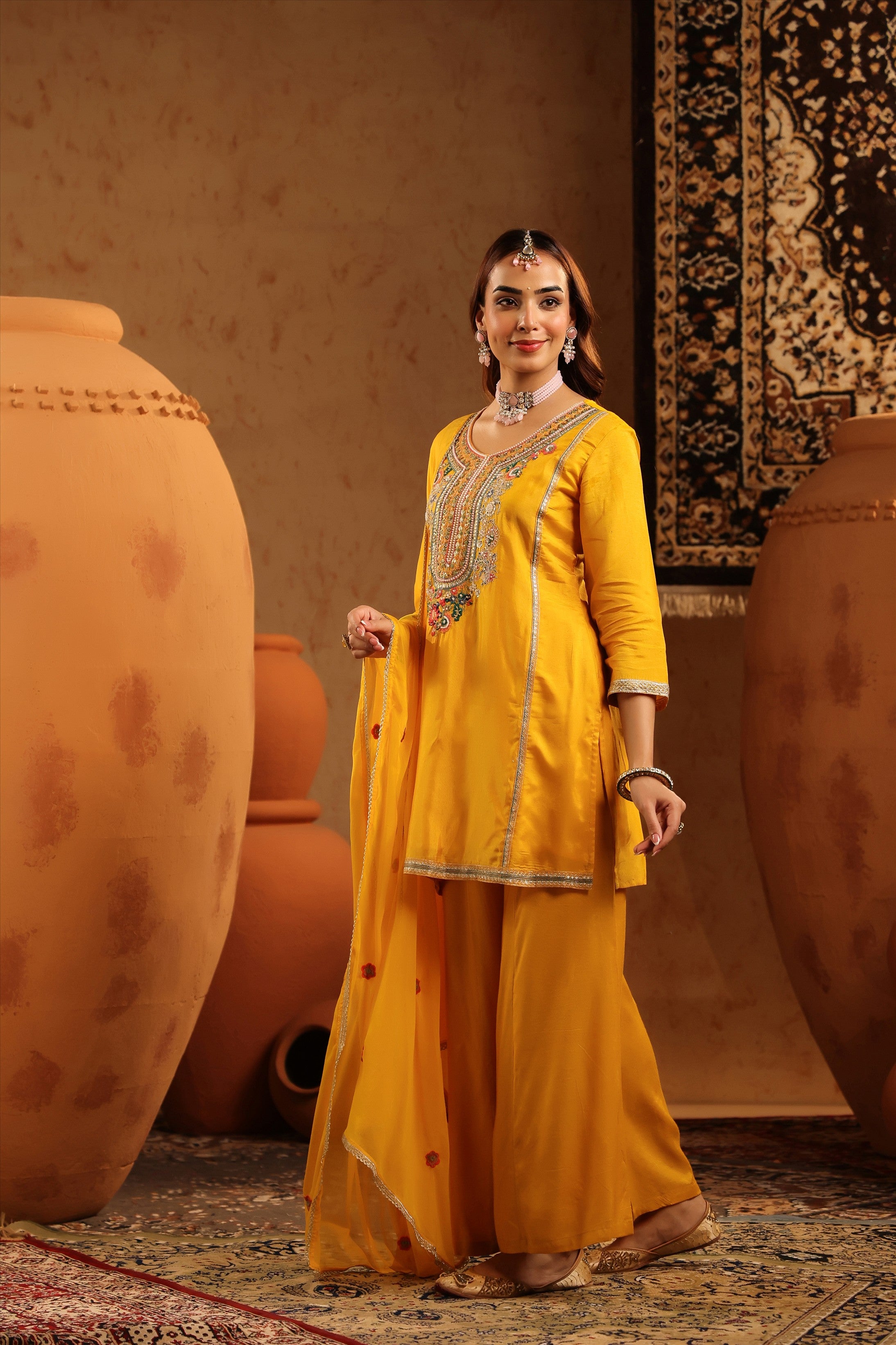 Mustard Russian Silk Embroidered Sharara Suit Set