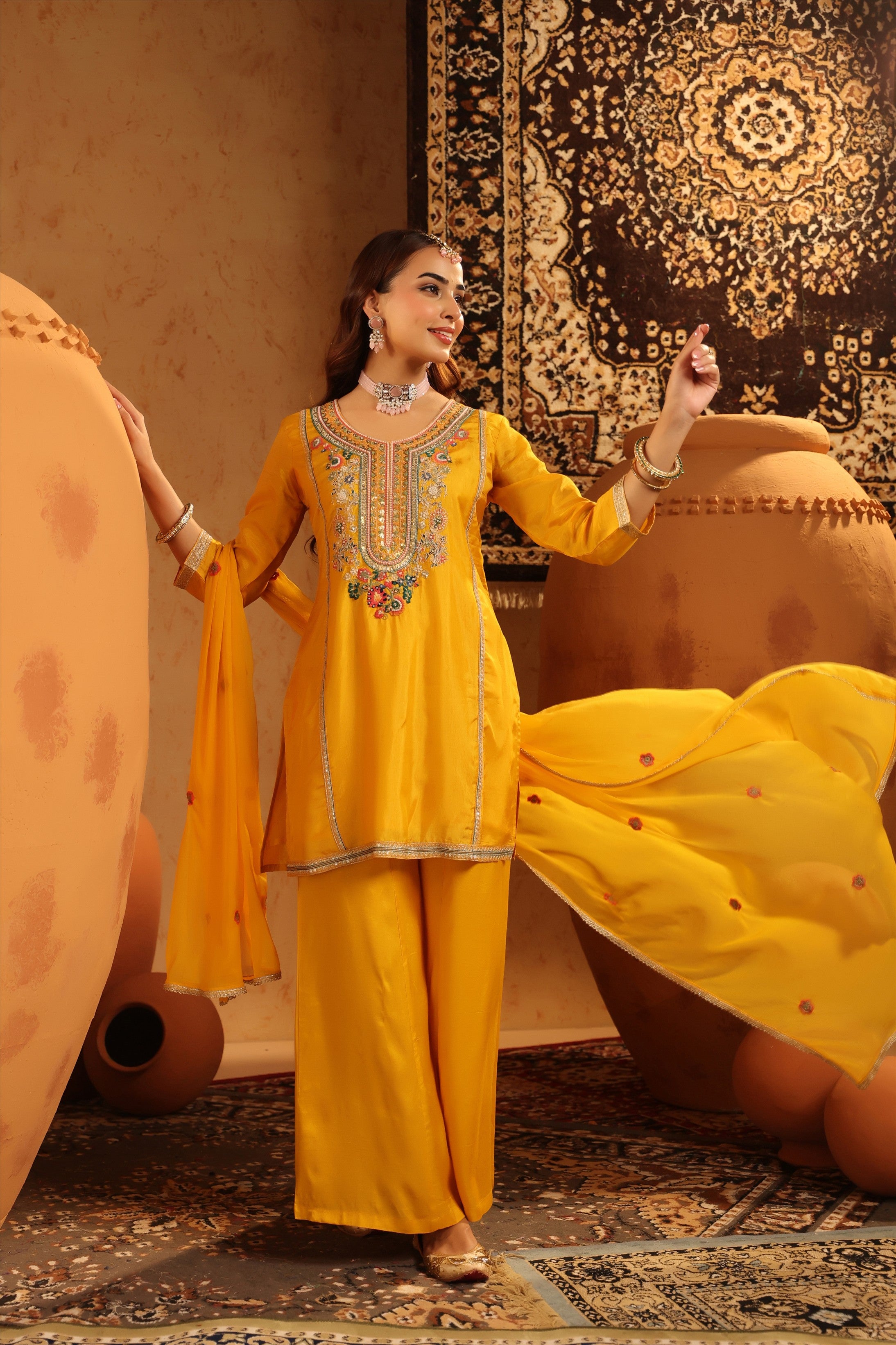 Mustard Russian Silk Embroidered Sharara Suit Set