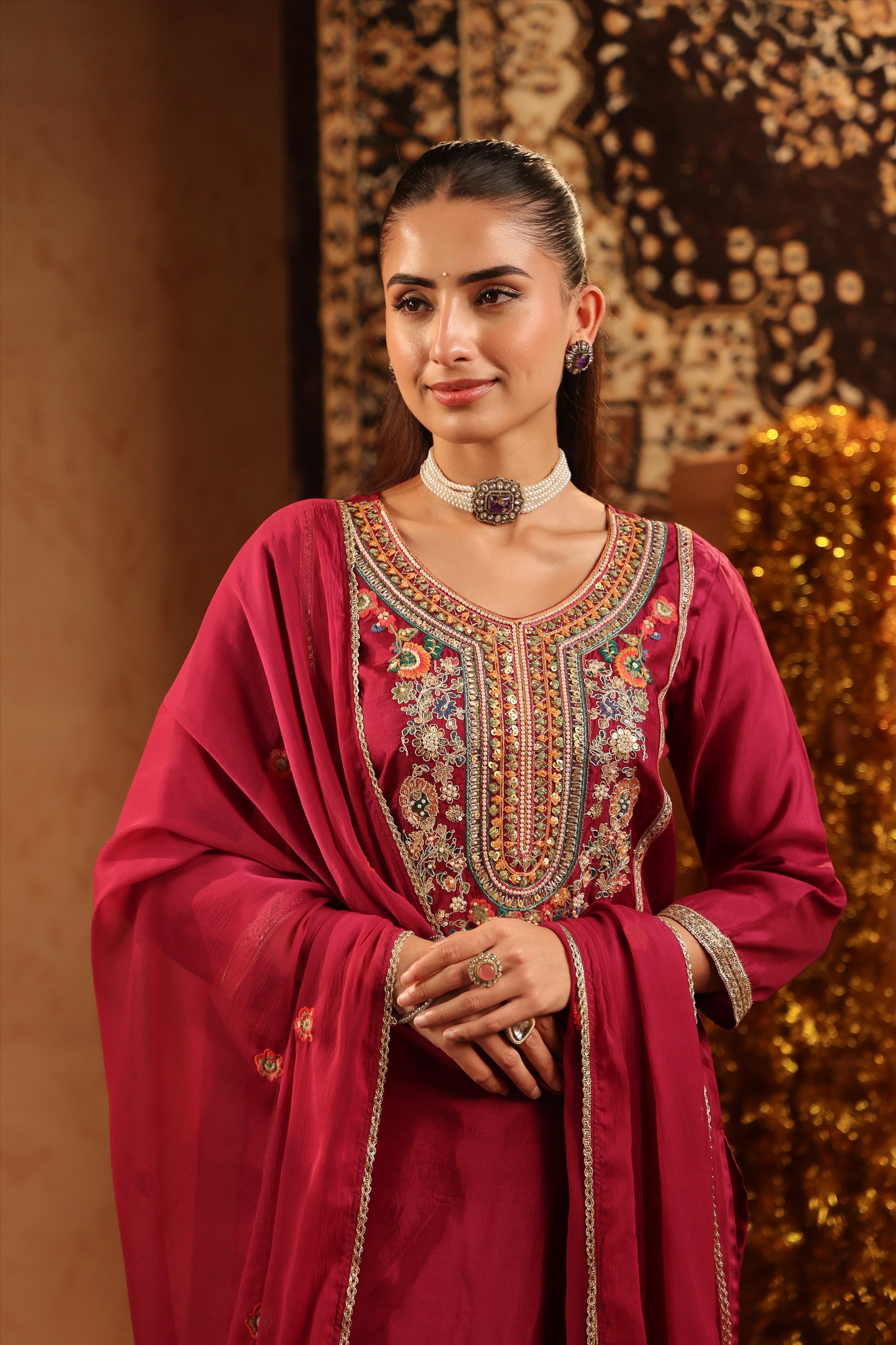 Wine Russian Silk Embroidered Sharara Suit Set