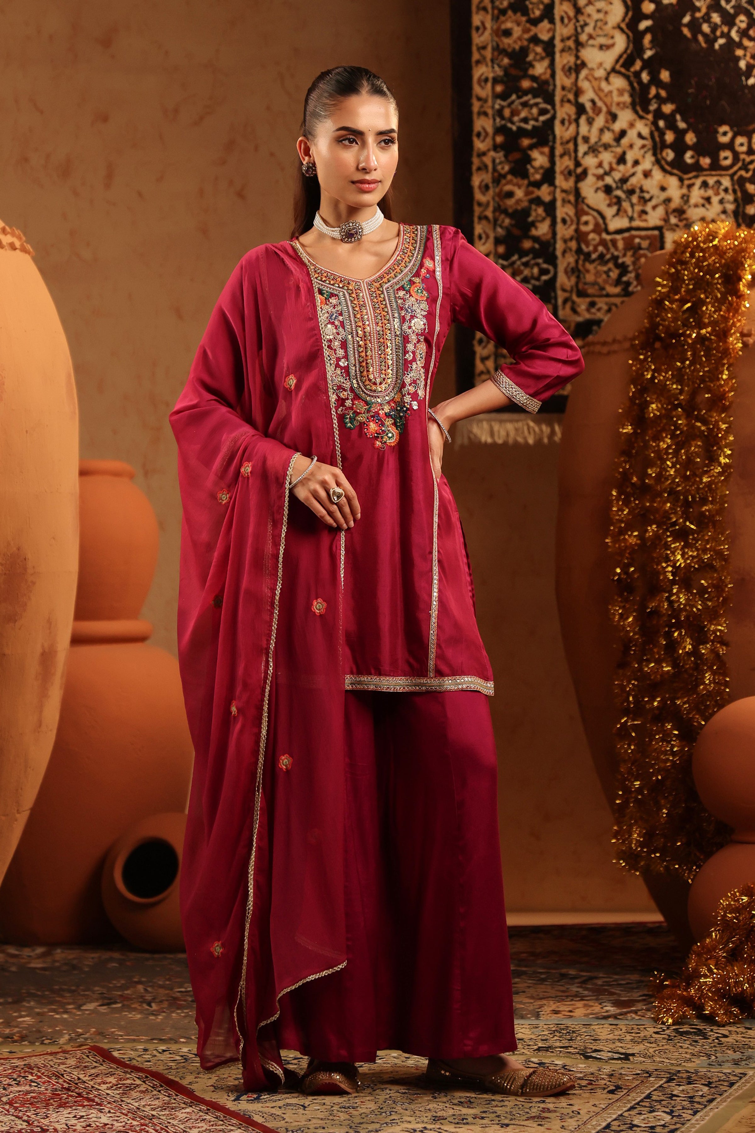 Wine Russian Silk Embroidered Sharara Suit Set