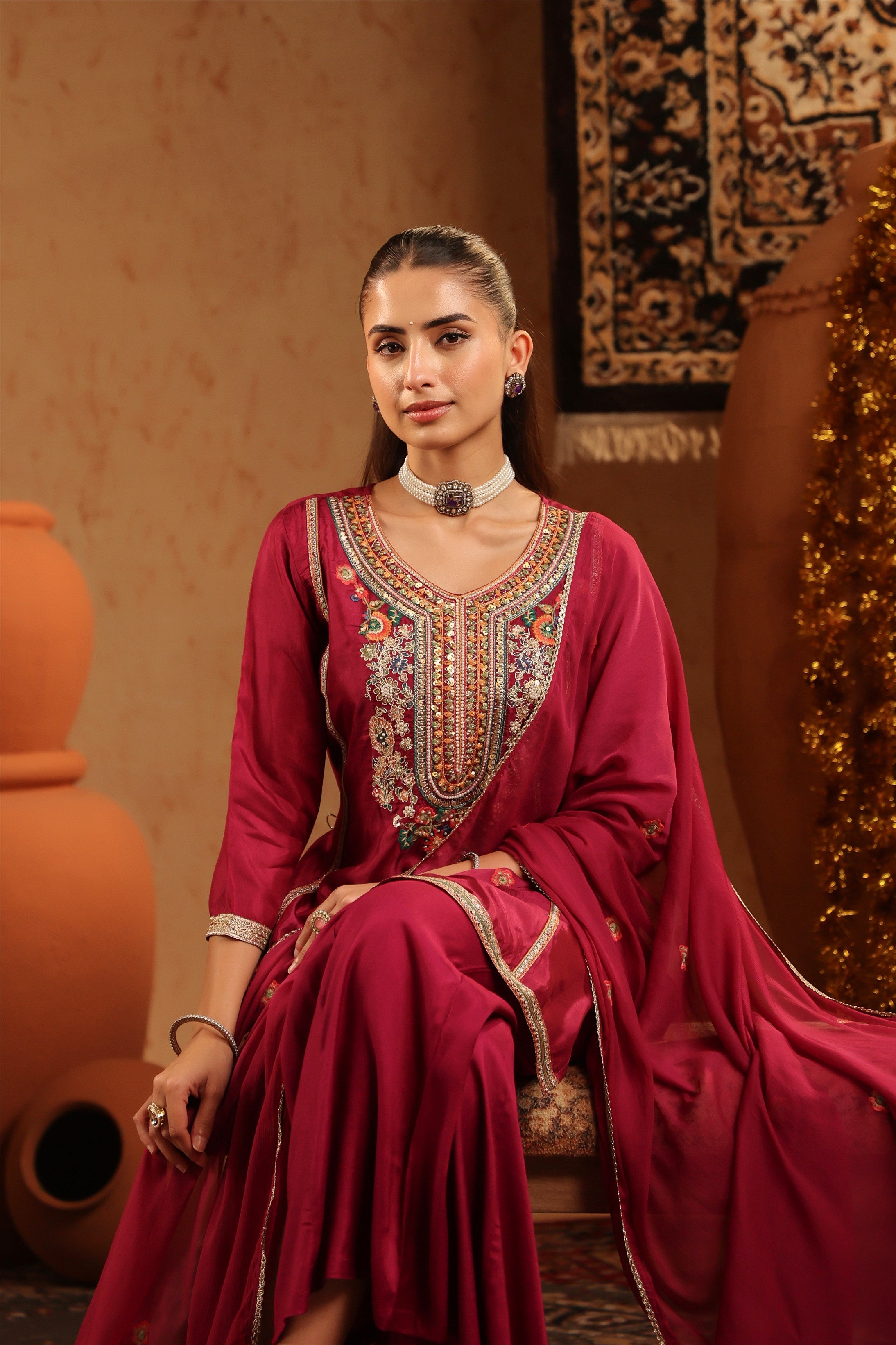 Wine Russian Silk Embroidered Sharara Suit Set