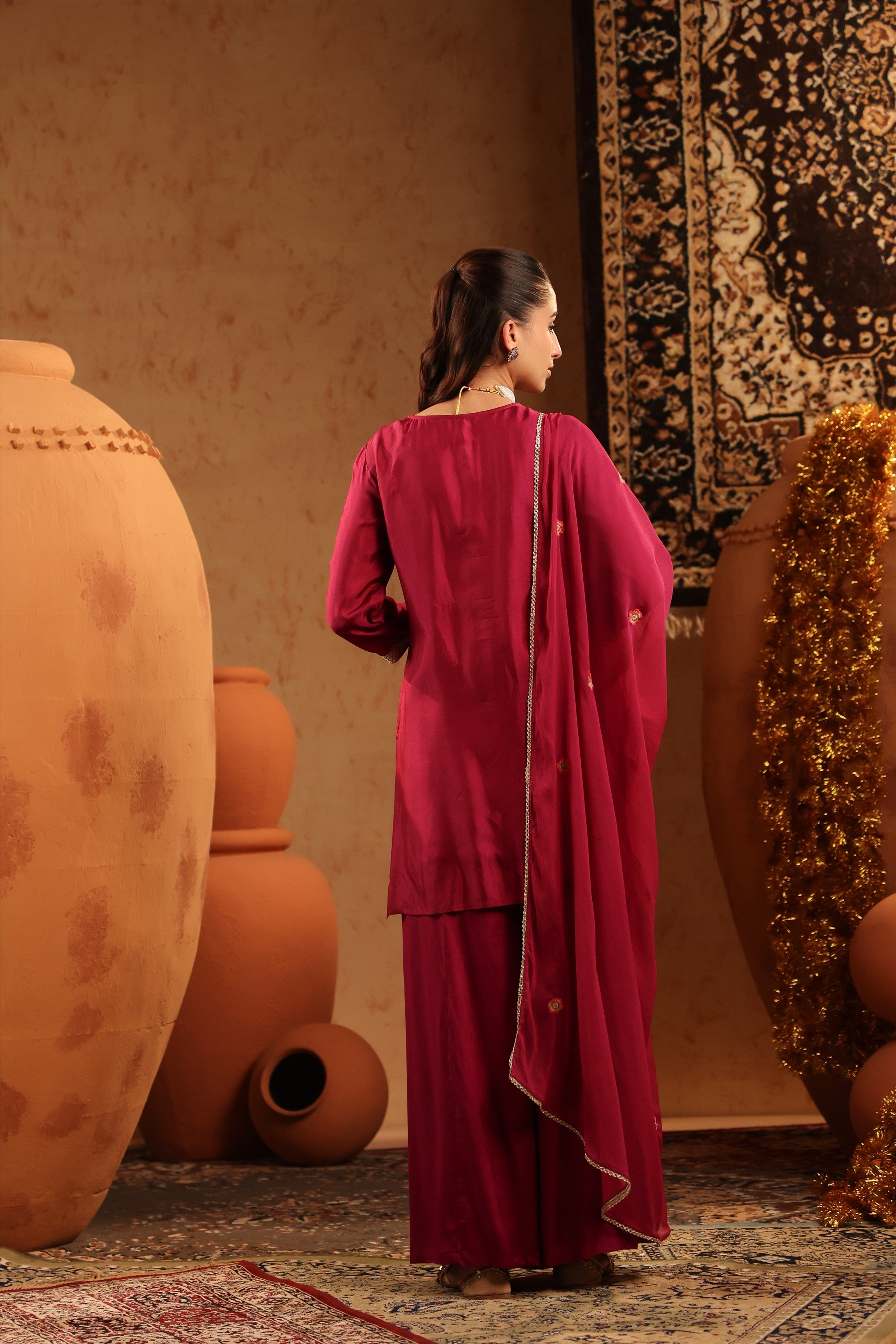 Wine Russian Silk Embroidered Sharara Suit Set