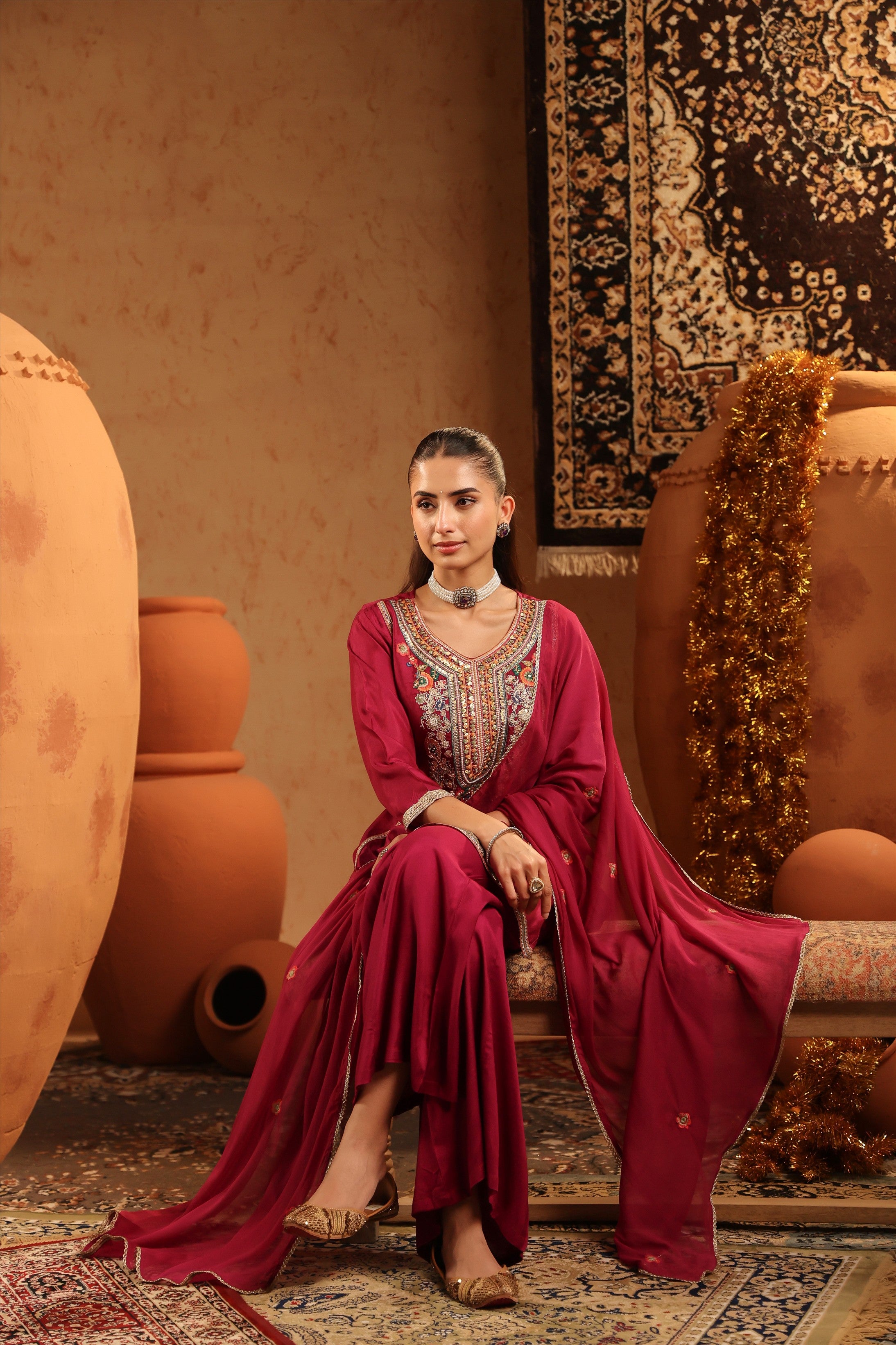 Wine Russian Silk Embroidered Sharara Suit Set
