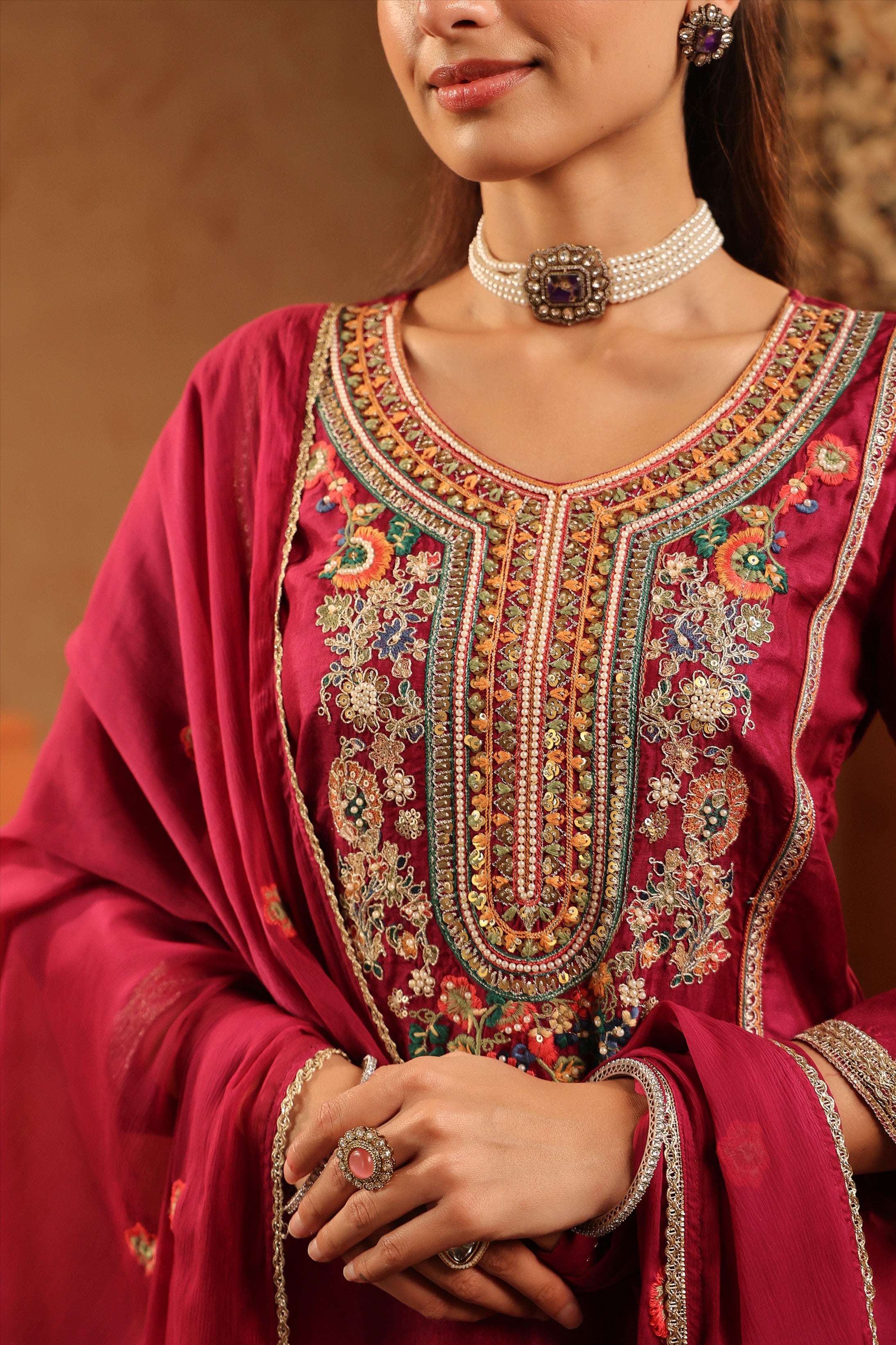 Wine Russian Silk Embroidered Sharara Suit Set