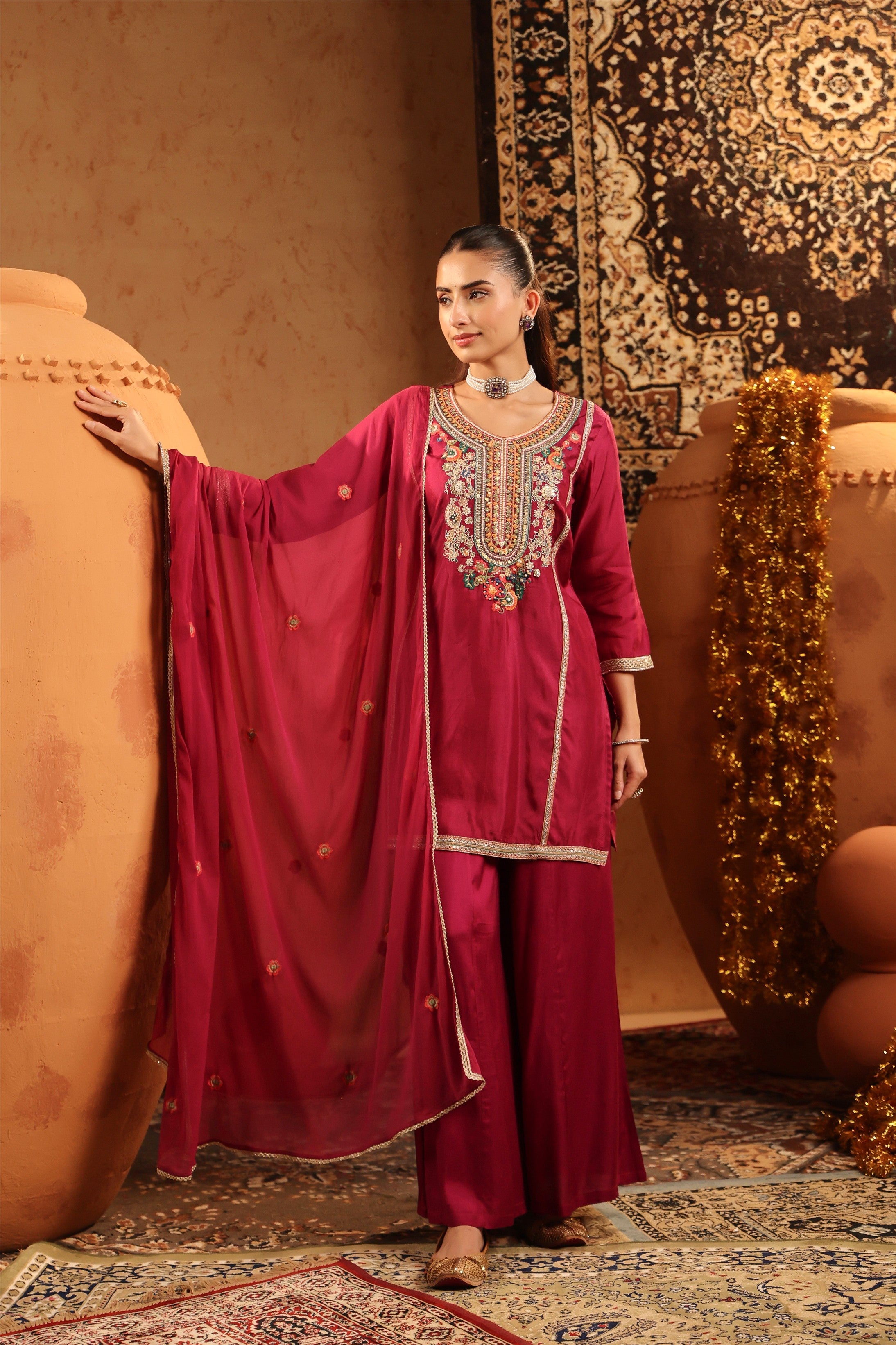 Wine Russian Silk Embroidered Sharara Suit Set