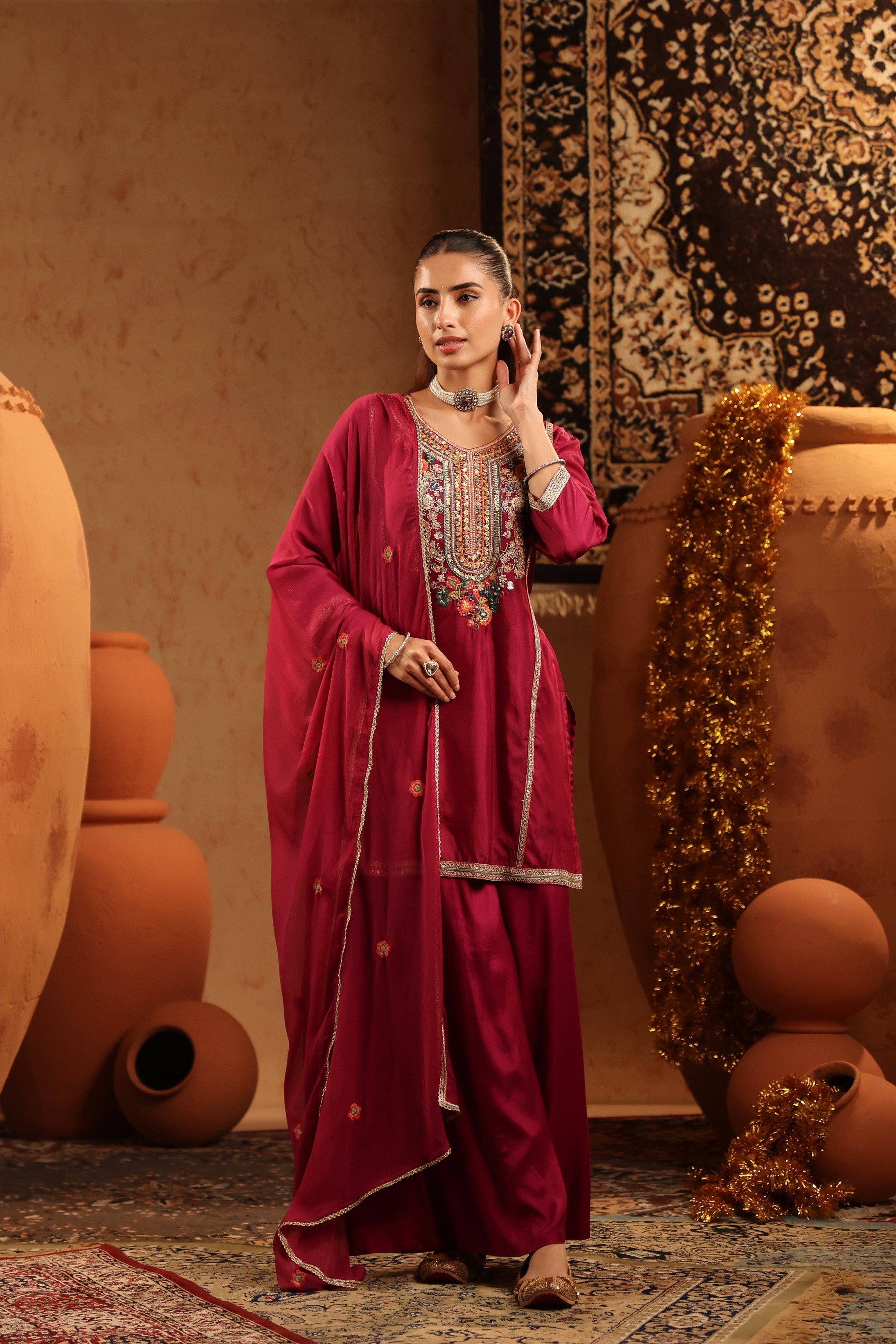 Wine Russian Silk Embroidered Sharara Suit Set