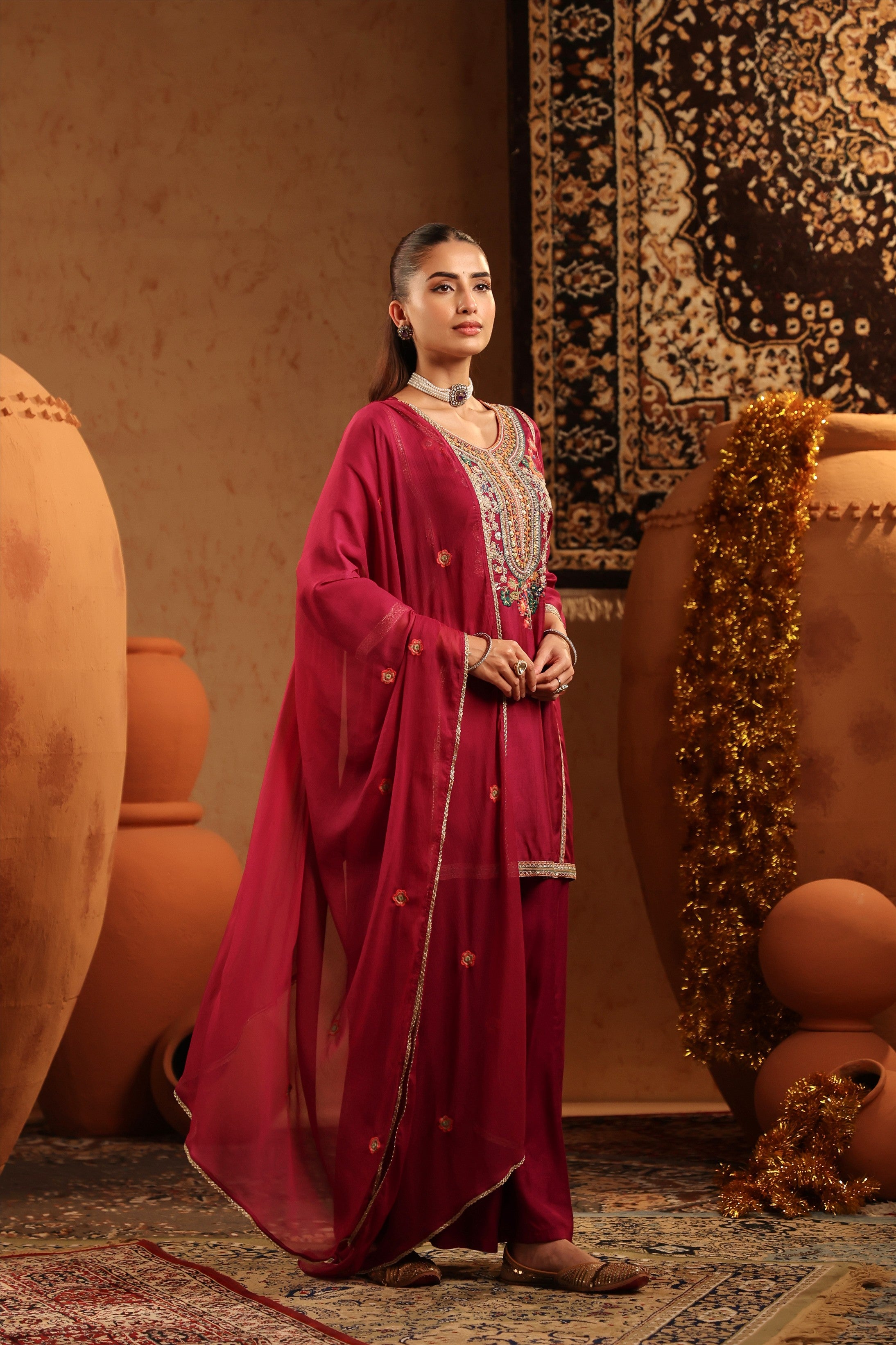 Wine Russian Silk Embroidered Sharara Suit Set