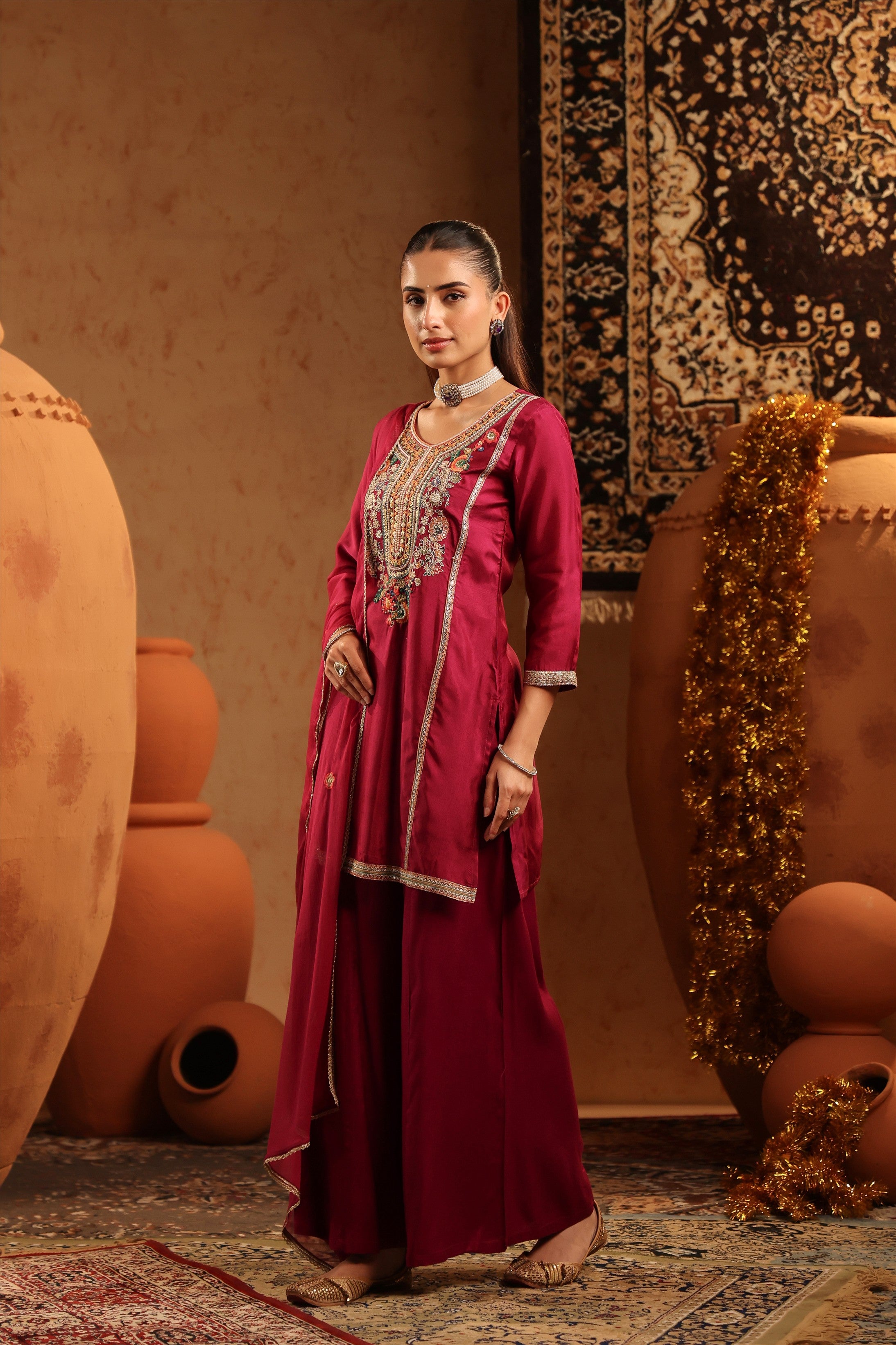 Wine Russian Silk Embroidered Sharara Suit Set