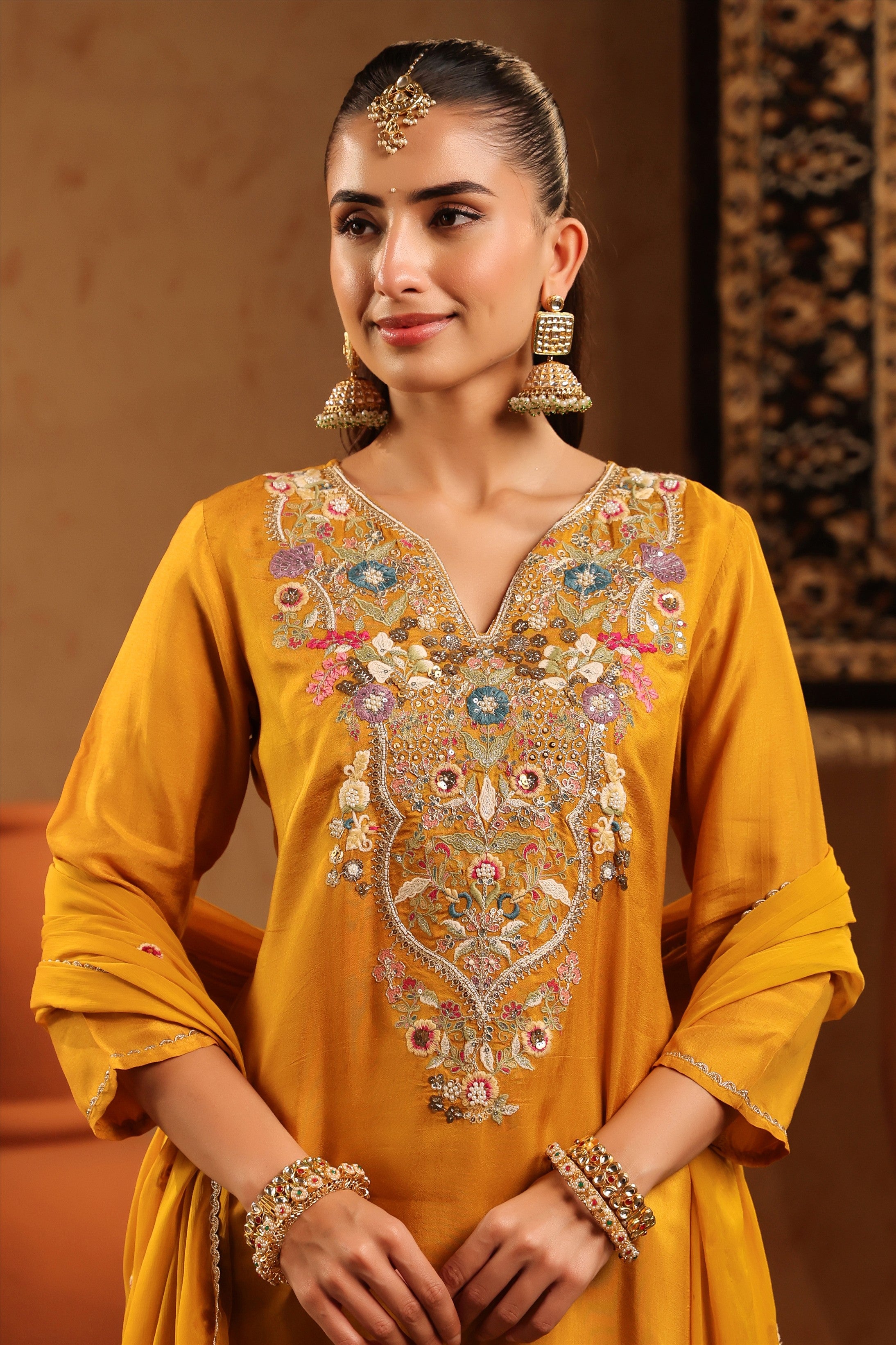 Mustard Russian Silk Hand Embroidered Straight Suit Set