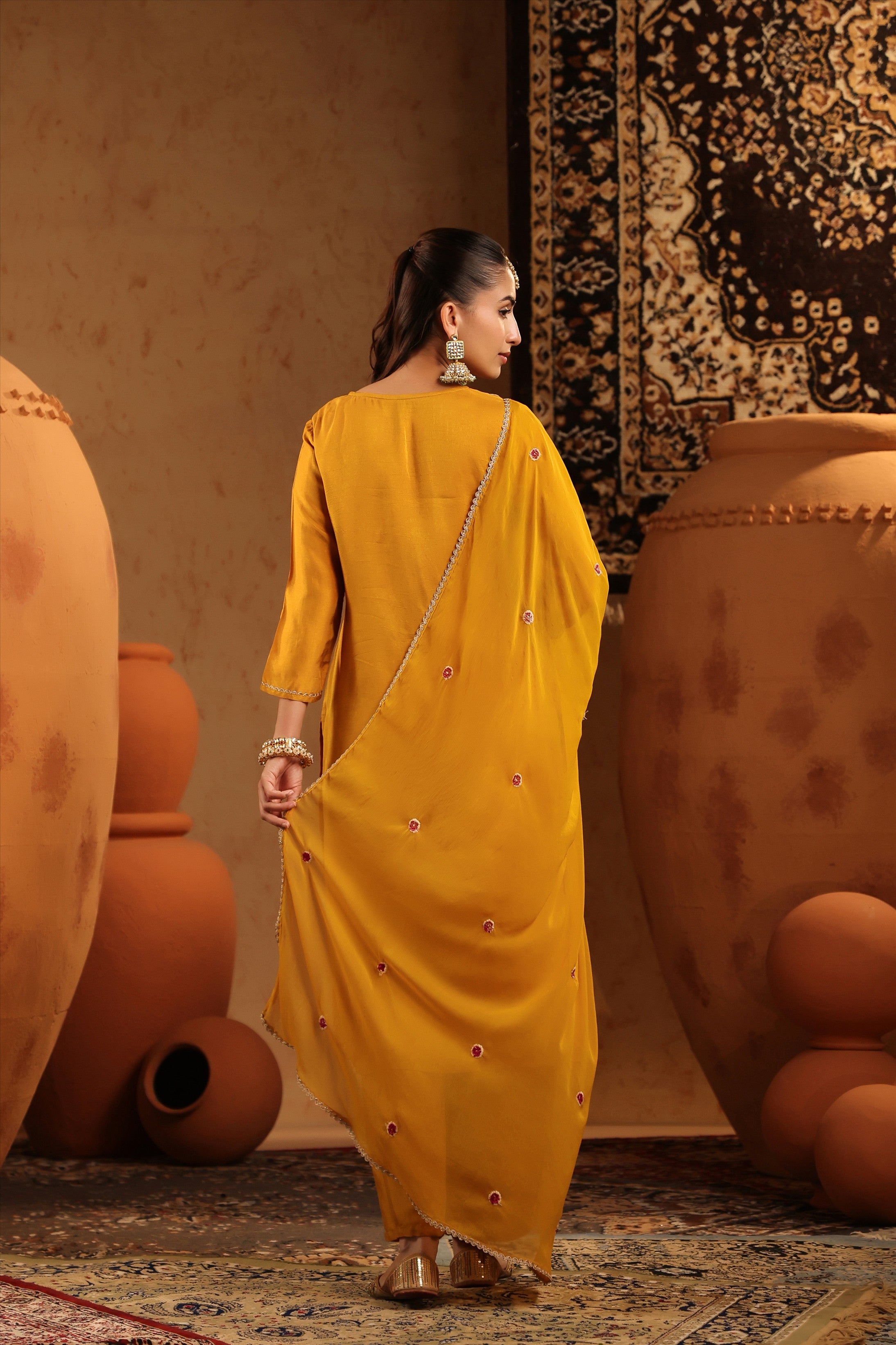 Mustard Russian Silk Hand Embroidered Straight Suit Set