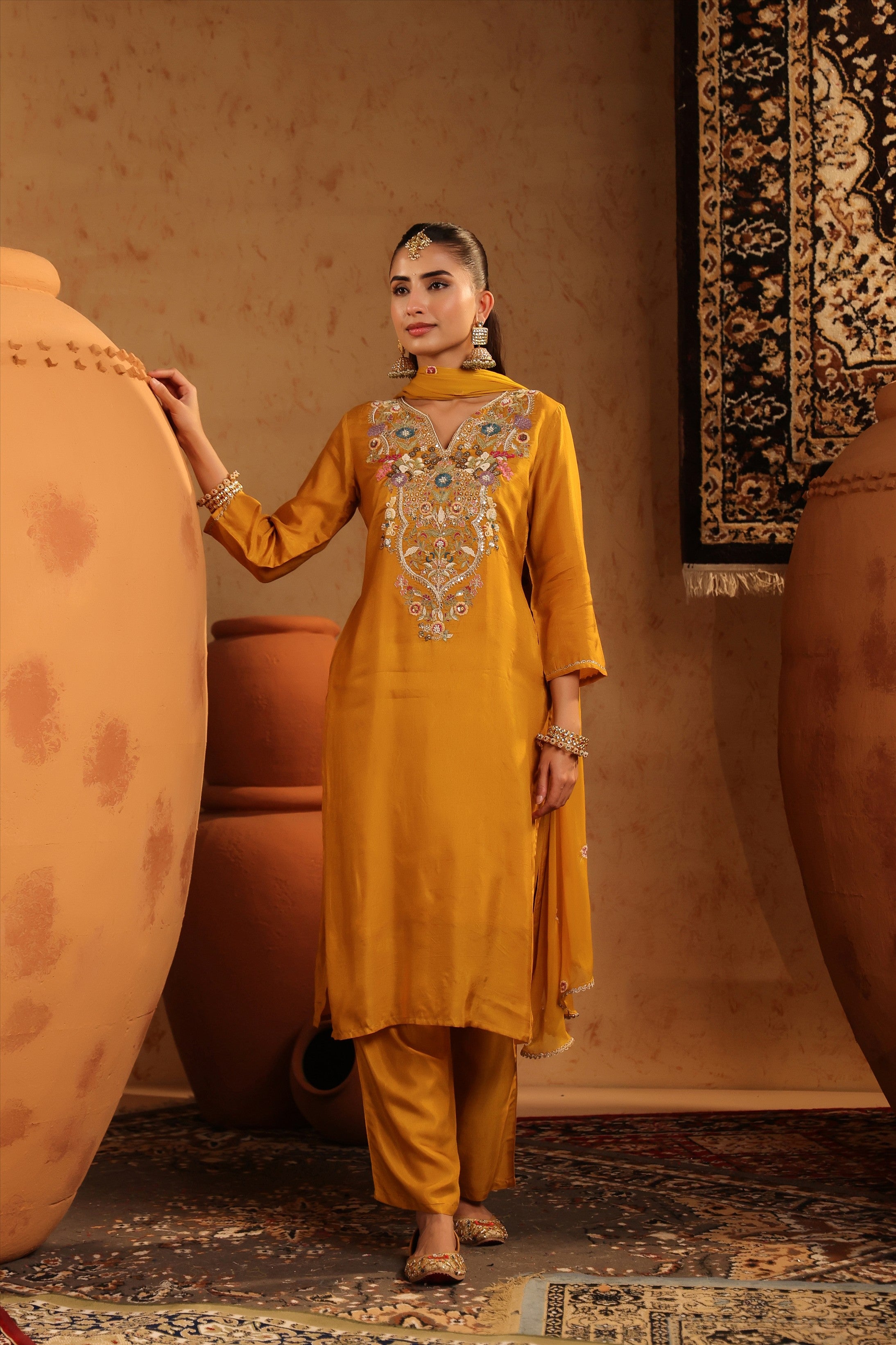 Mustard Russian Silk Hand Embroidered Straight Suit Set