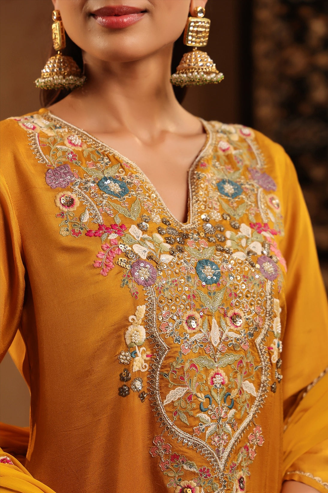 Mustard Russian Silk Hand Embroidered Straight Suit Set