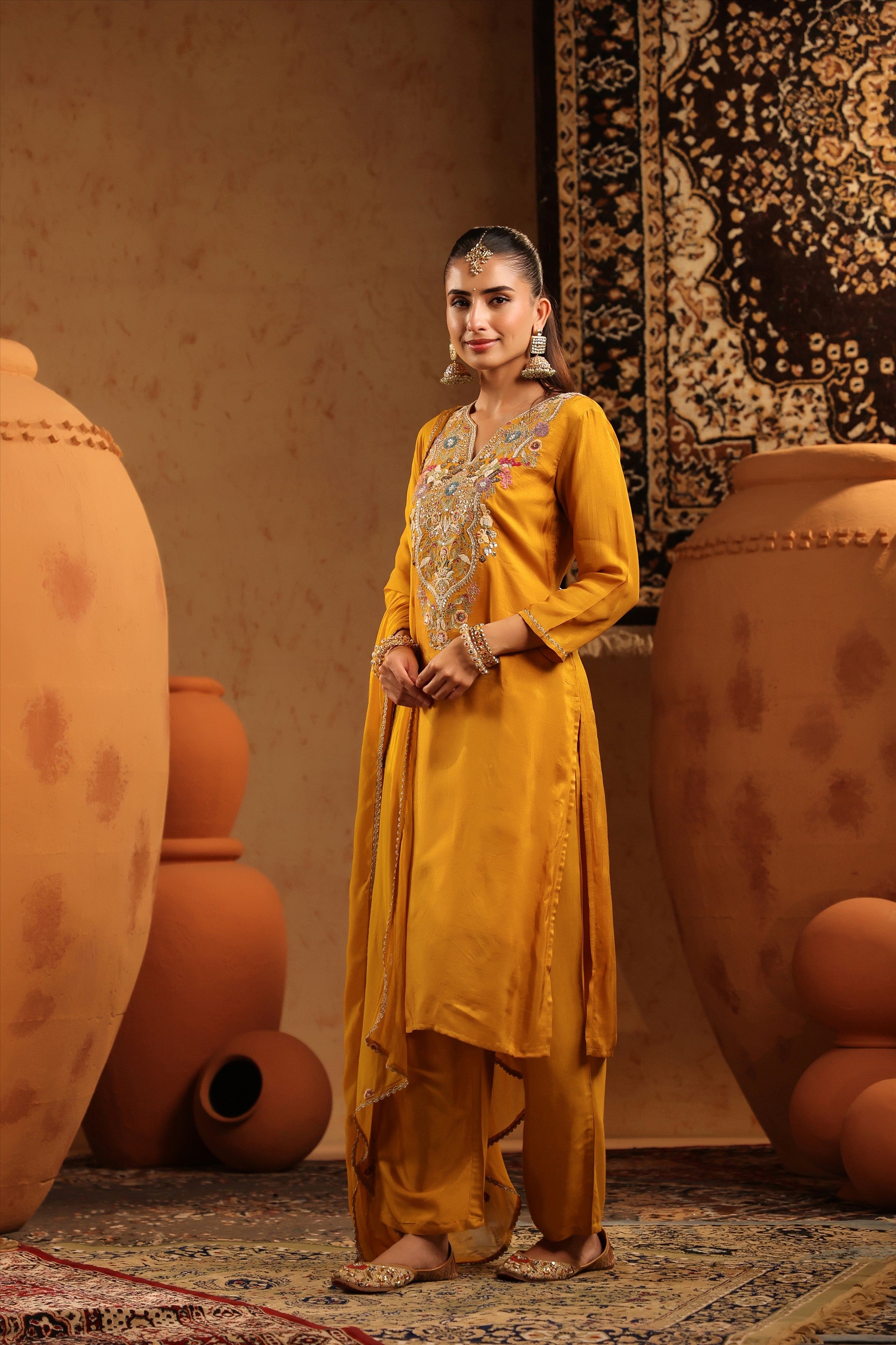 Mustard Russian Silk Hand Embroidered Straight Suit Set