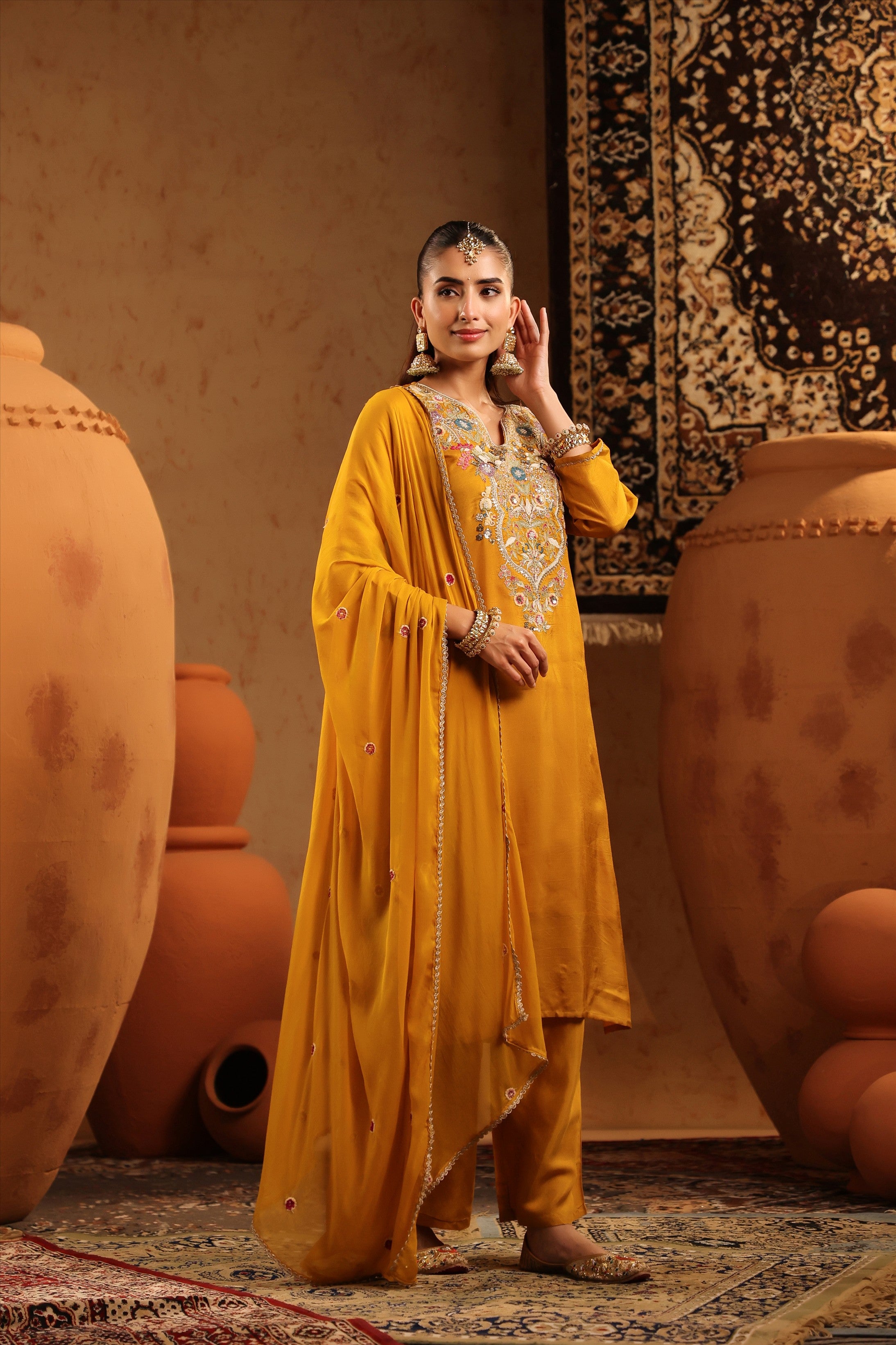 Mustard Russian Silk Hand Embroidered Straight Suit Set