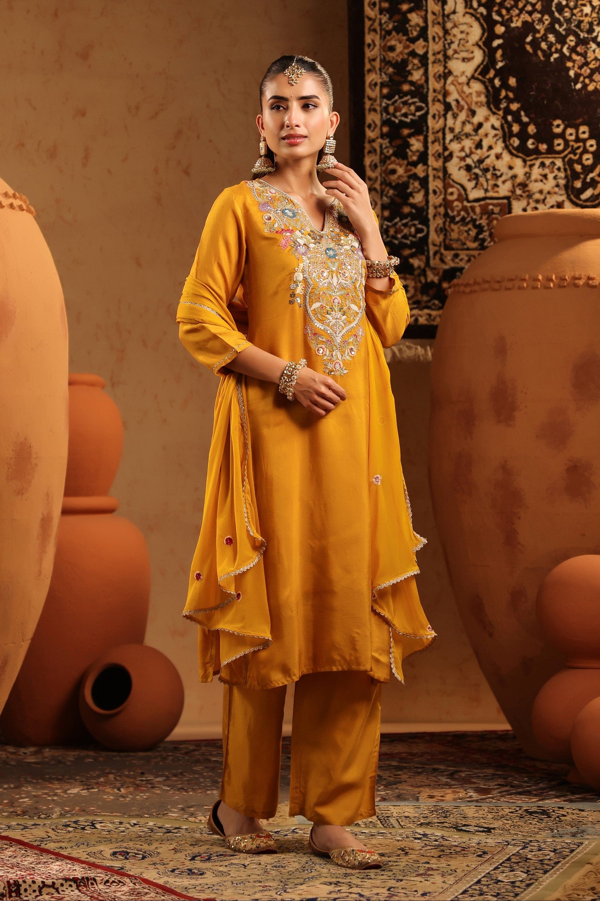 Mustard Russian Silk Hand Embroidered Straight Suit Set