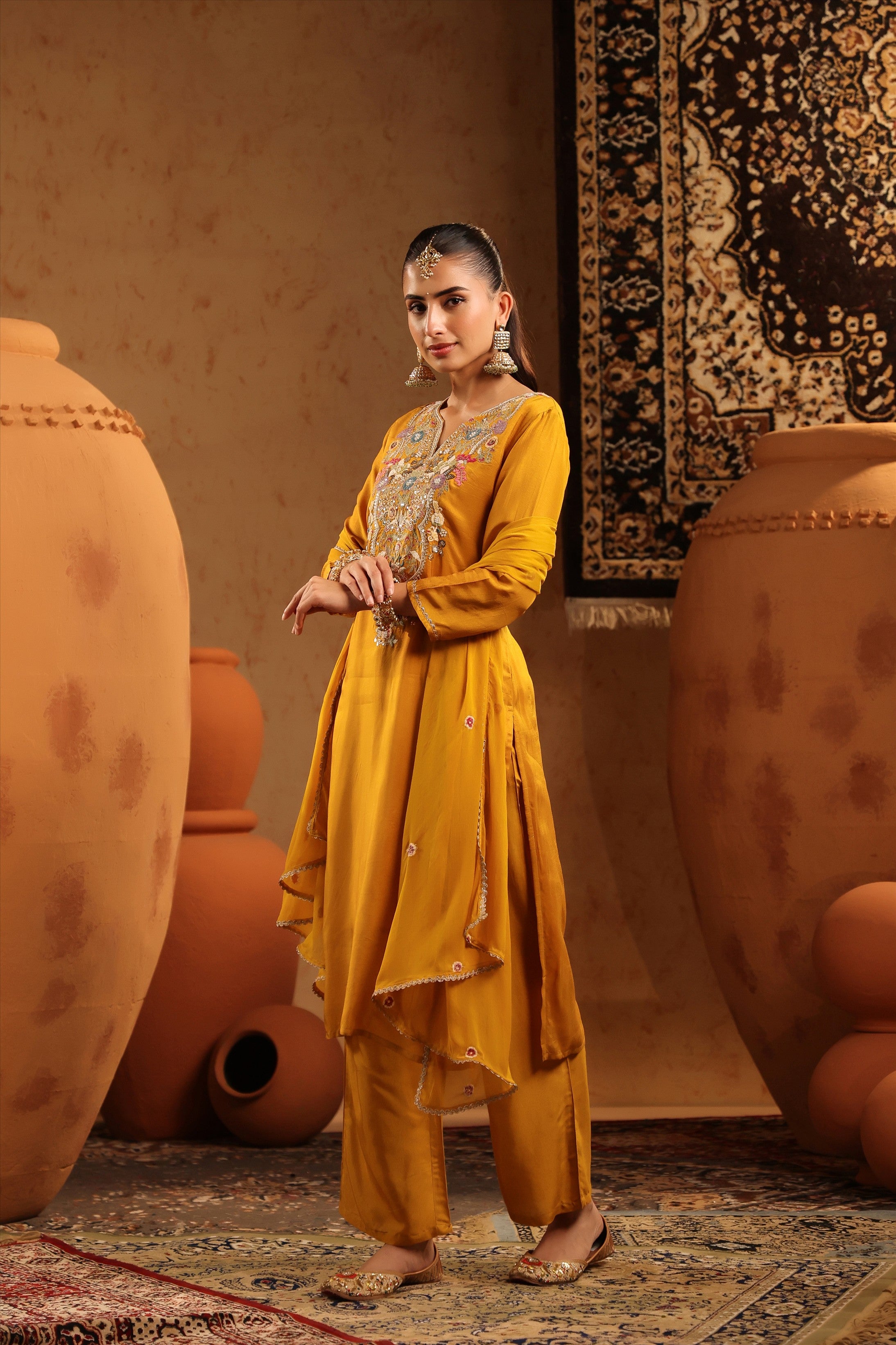 Mustard Russian Silk Hand Embroidered Straight Suit Set