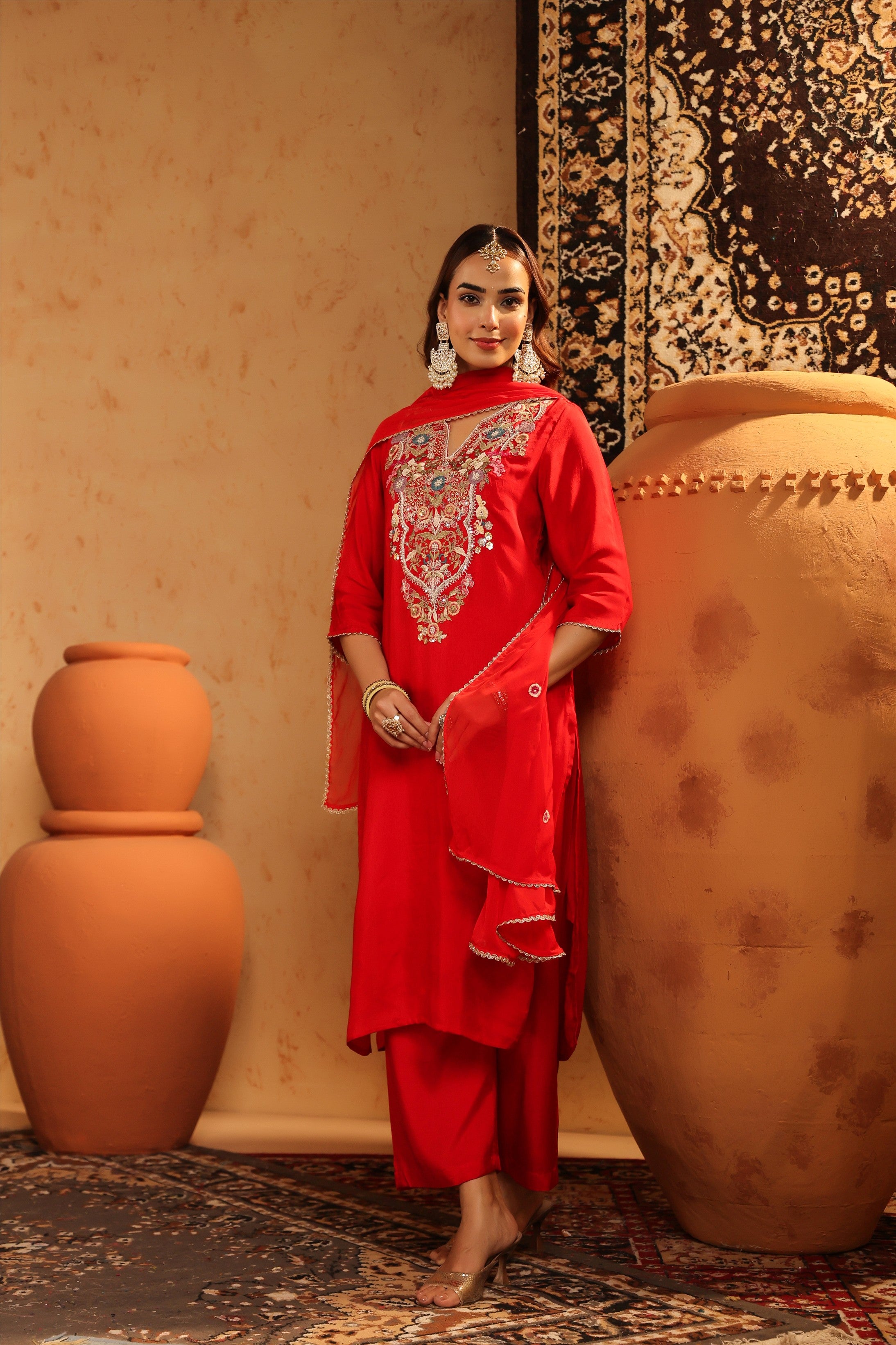 Red Russian Silk Hand Embroidered Straight Suit Set