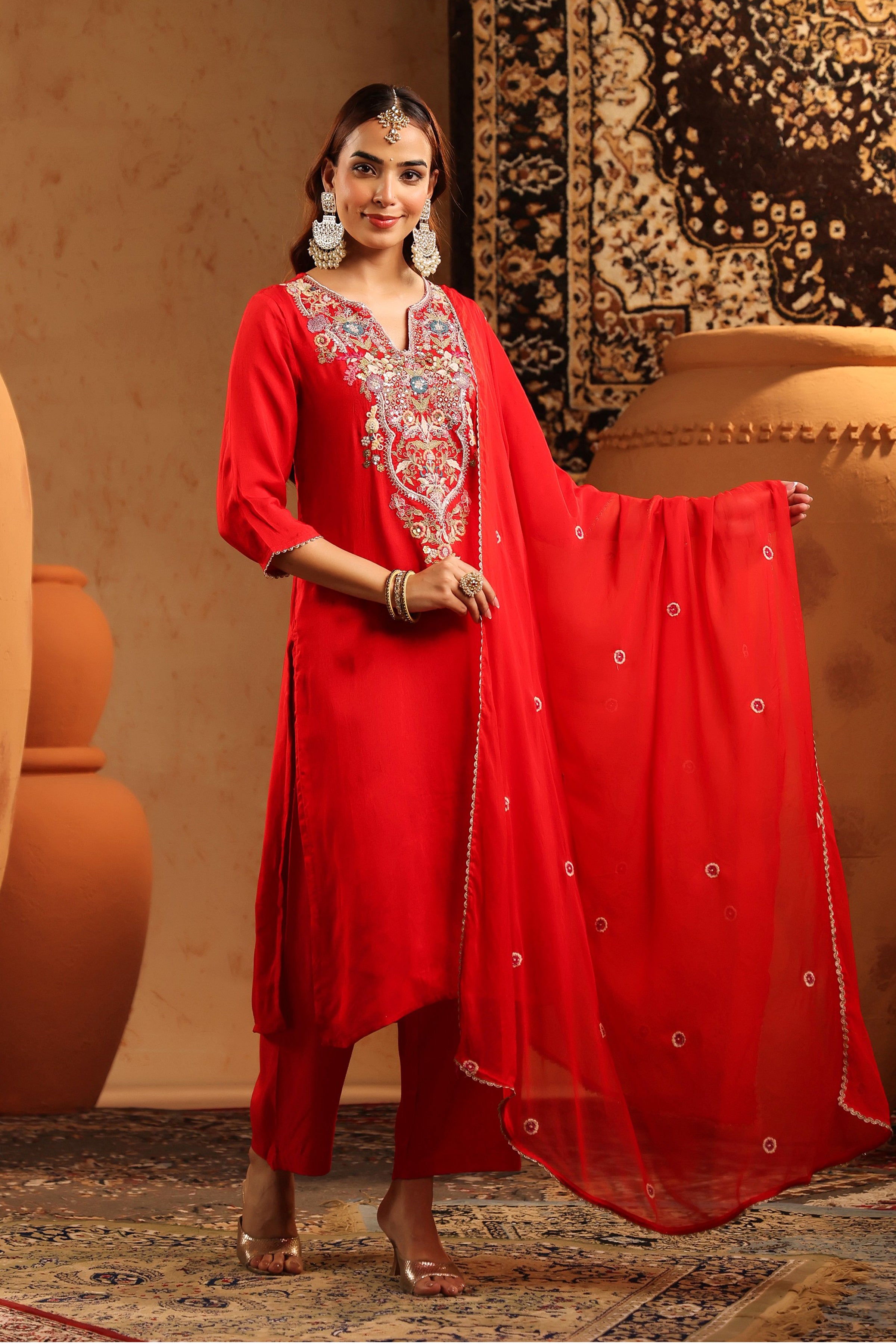 Red Russian Silk Hand Embroidered Straight Suit Set