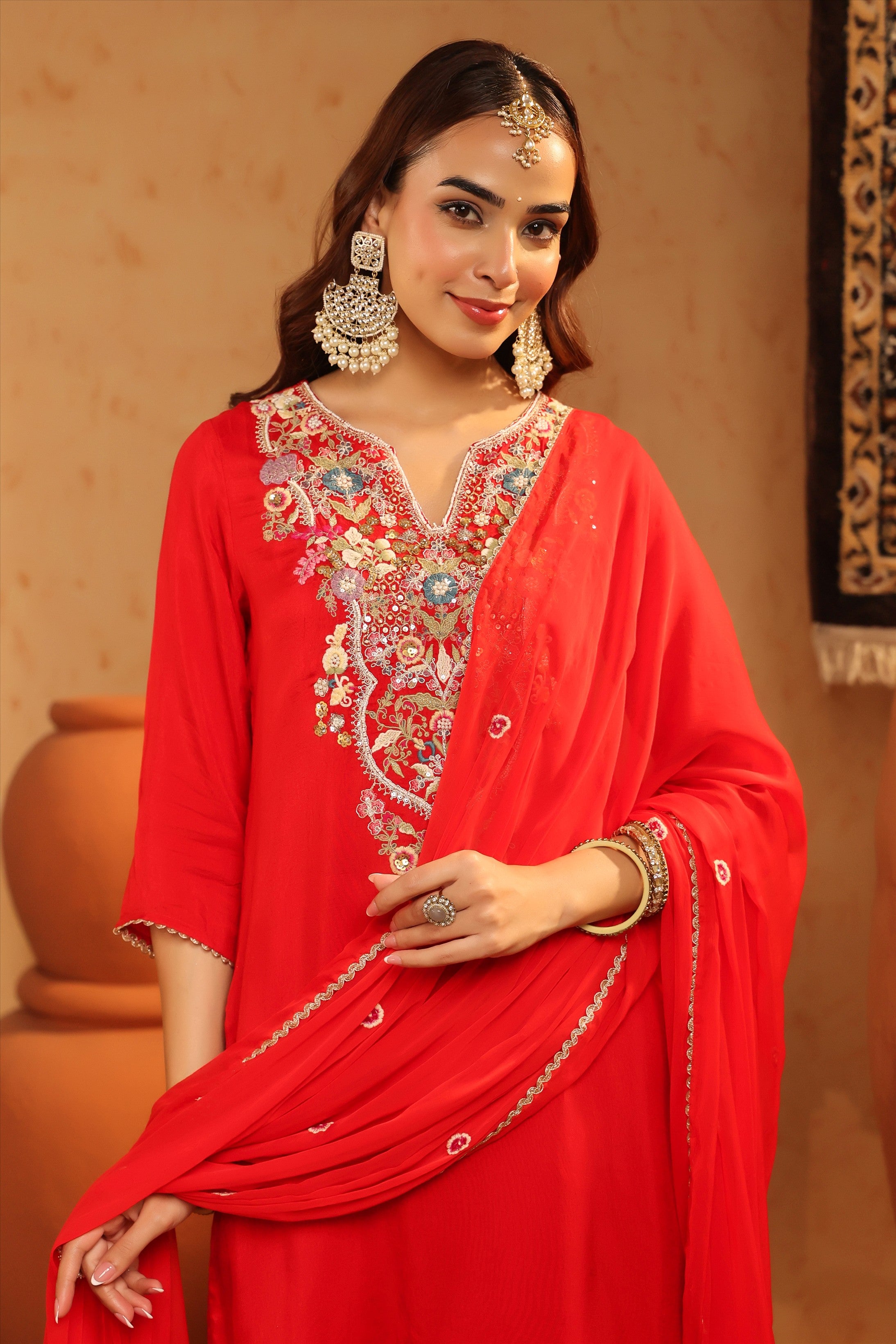 Red Russian Silk Hand Embroidered Straight Suit Set