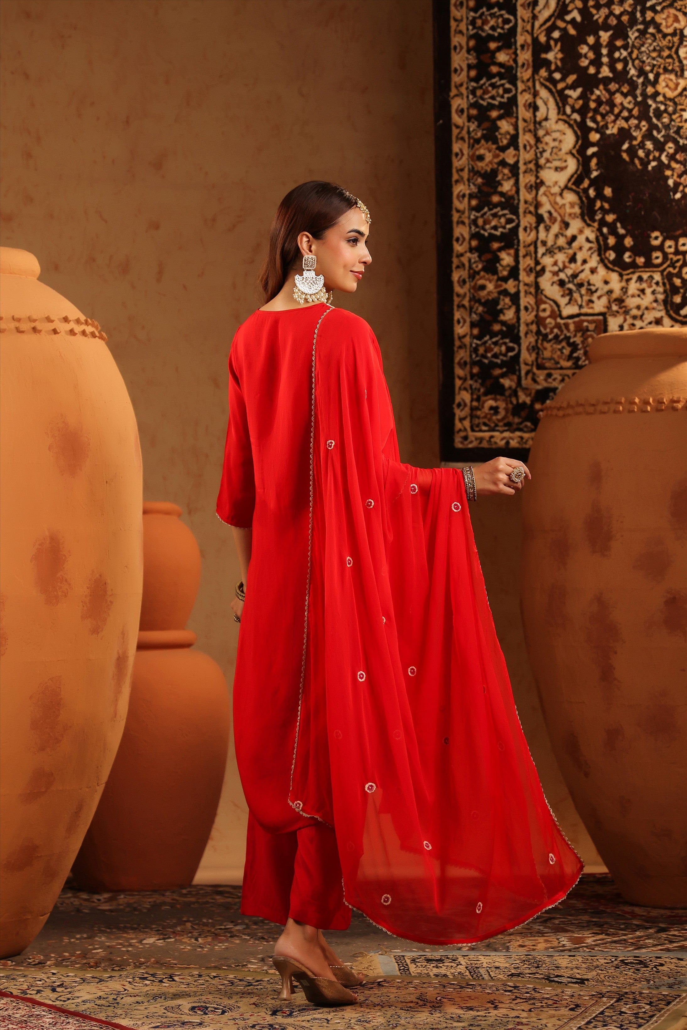 Red Russian Silk Hand Embroidered Straight Suit Set