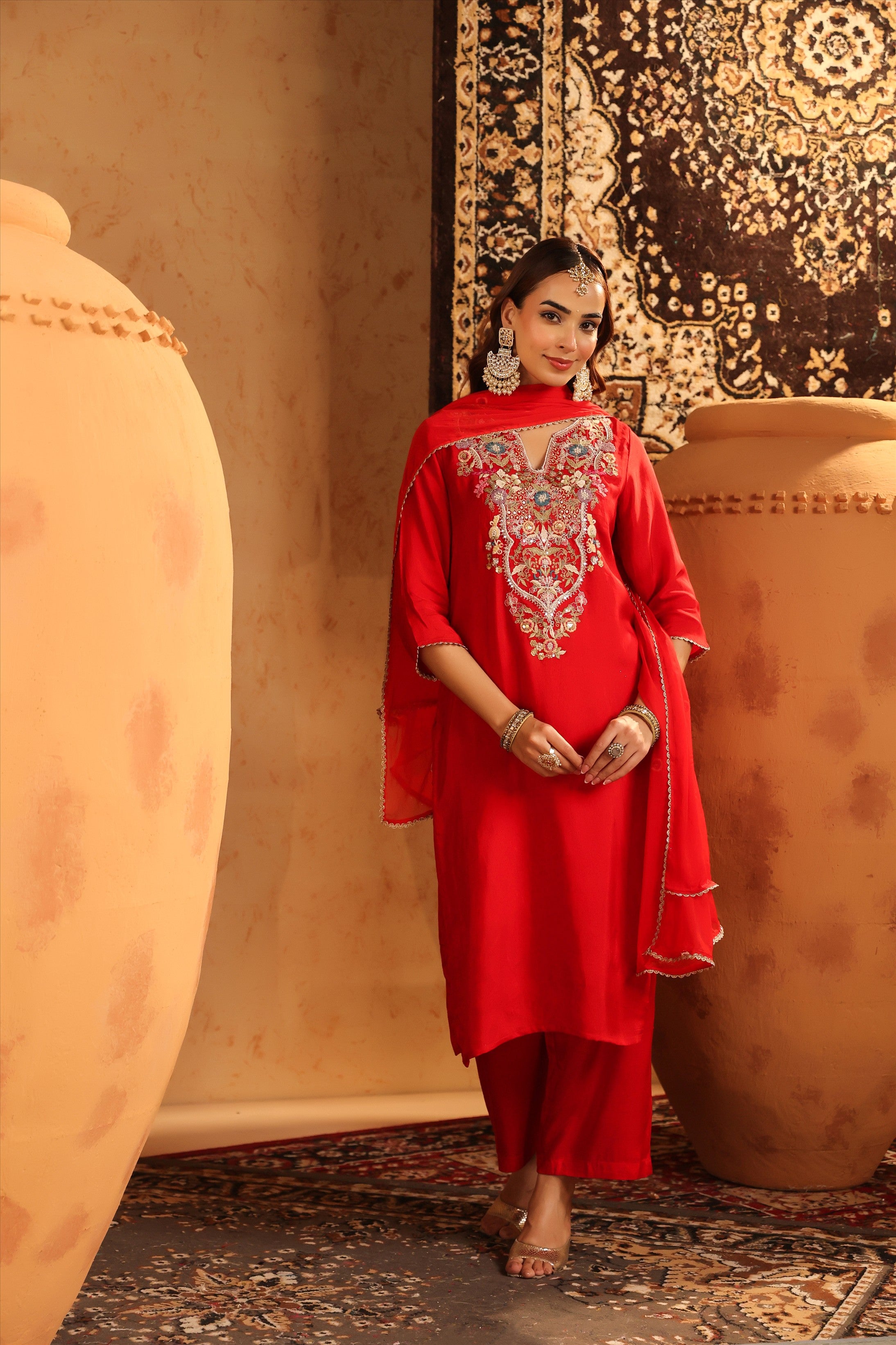 Red Russian Silk Hand Embroidered Straight Suit Set