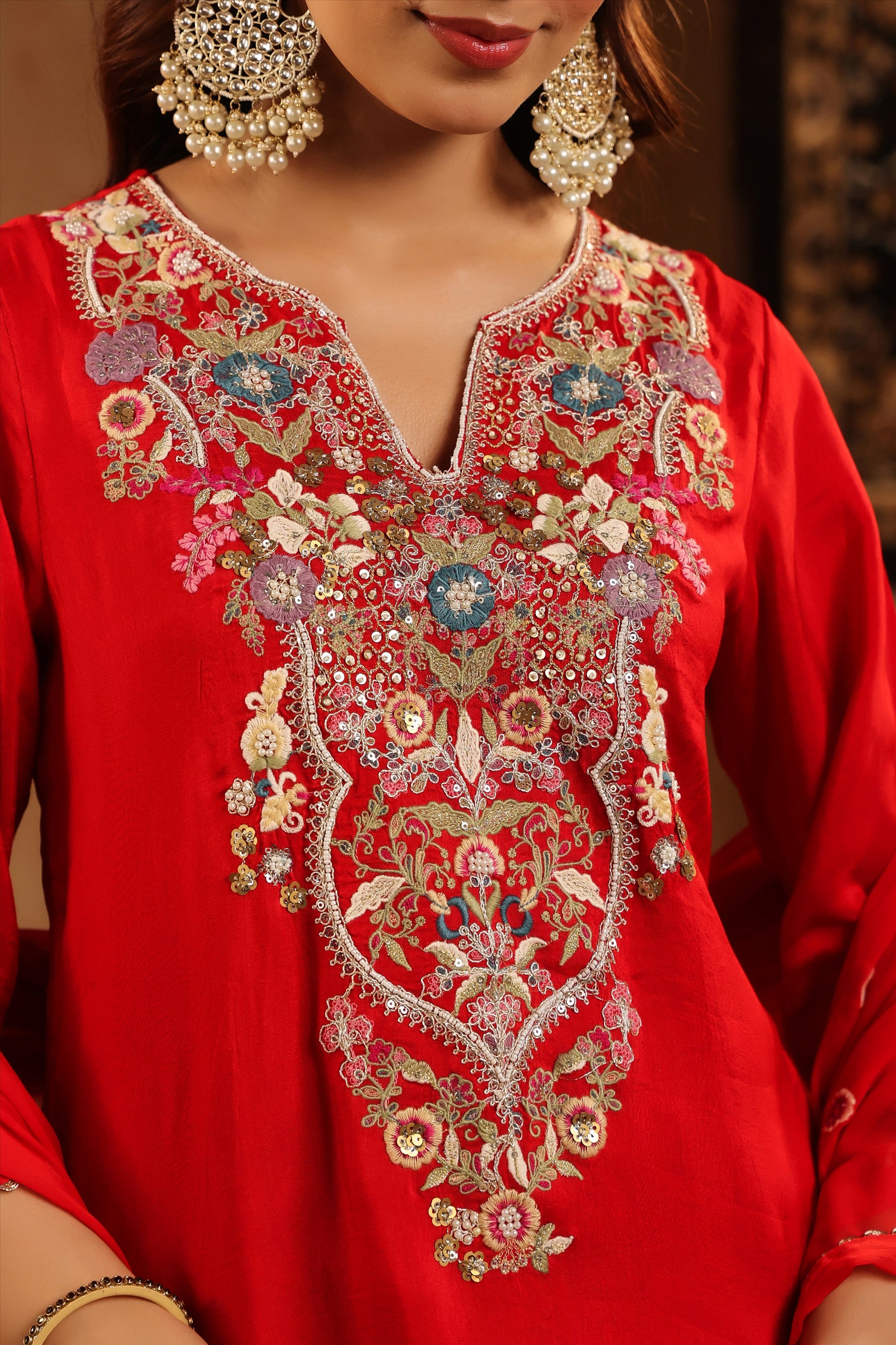 Red Russian Silk Hand Embroidered Straight Suit Set