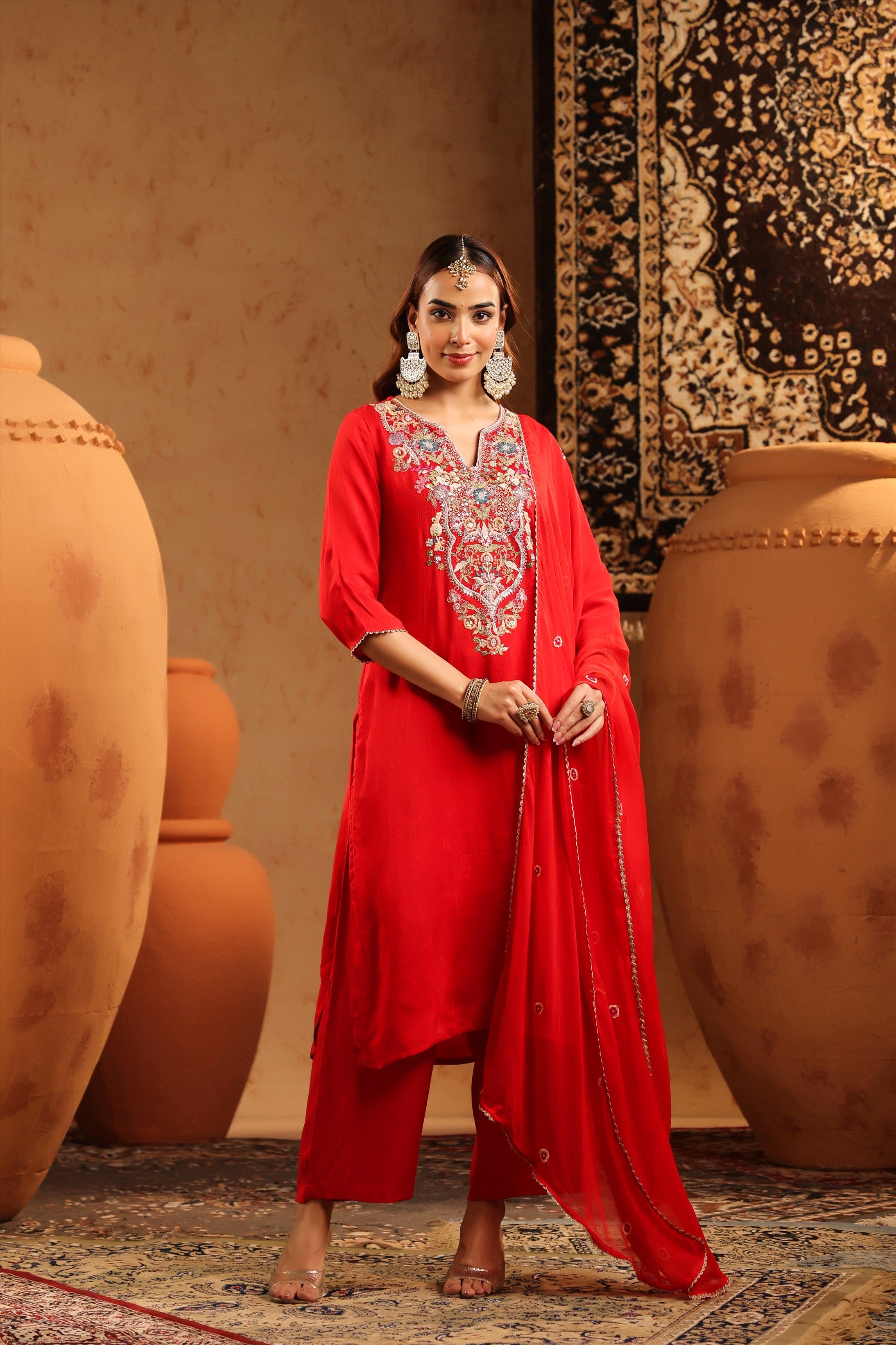 Red Russian Silk Hand Embroidered Straight Suit Set