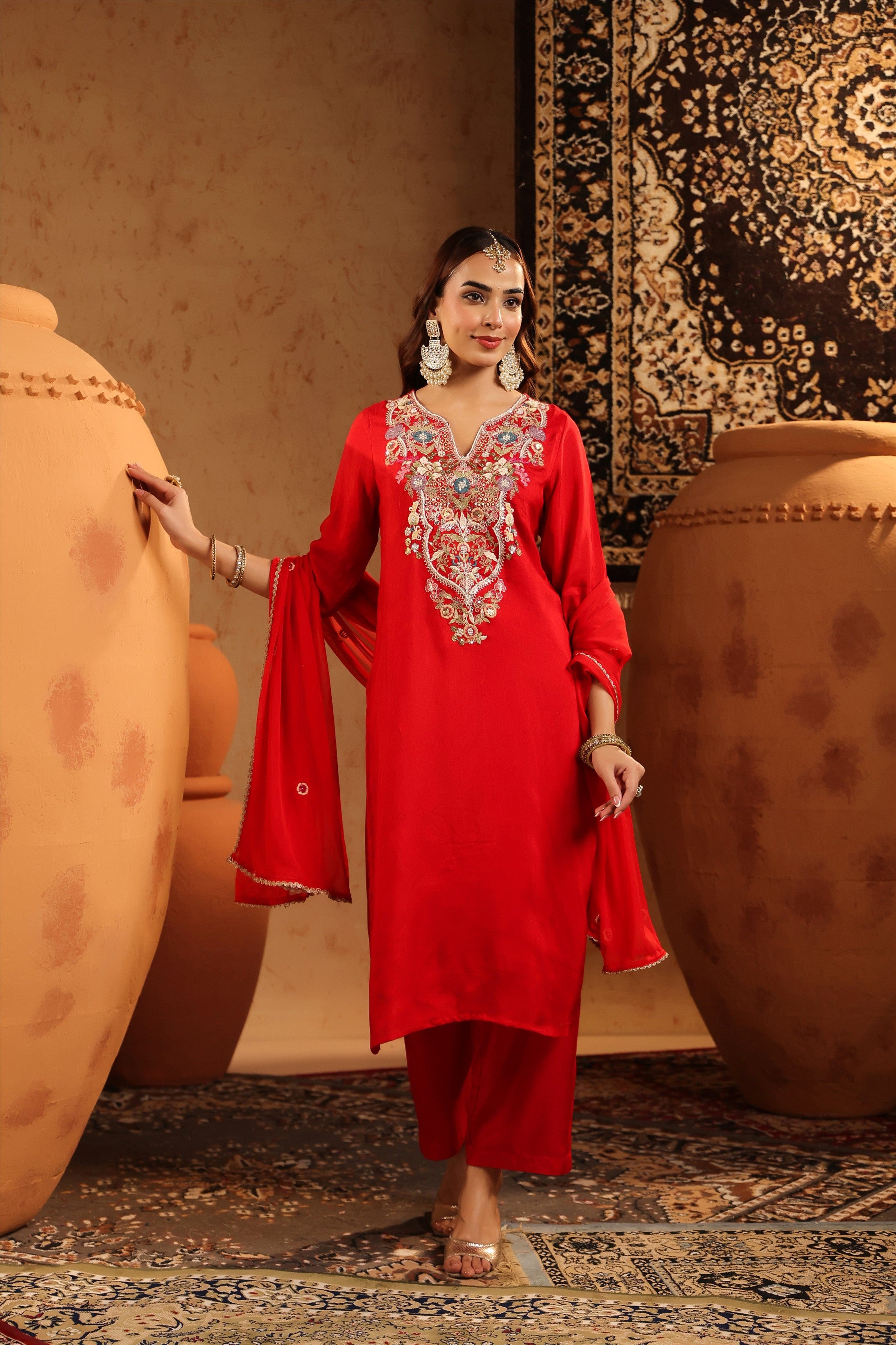 Red Russian Silk Hand Embroidered Straight Suit Set