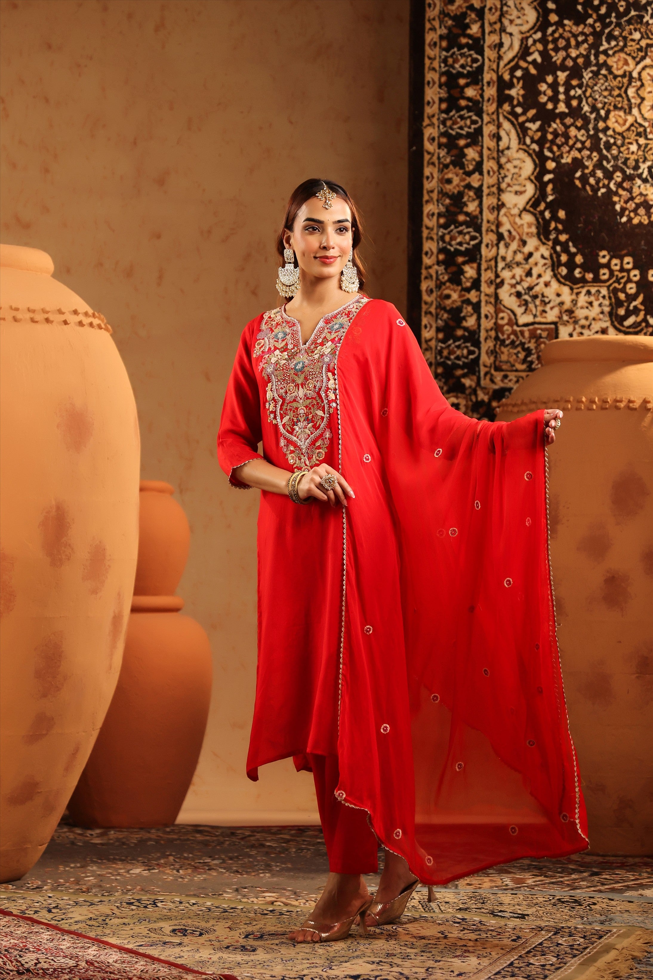 Red Russian Silk Hand Embroidered Straight Suit Set