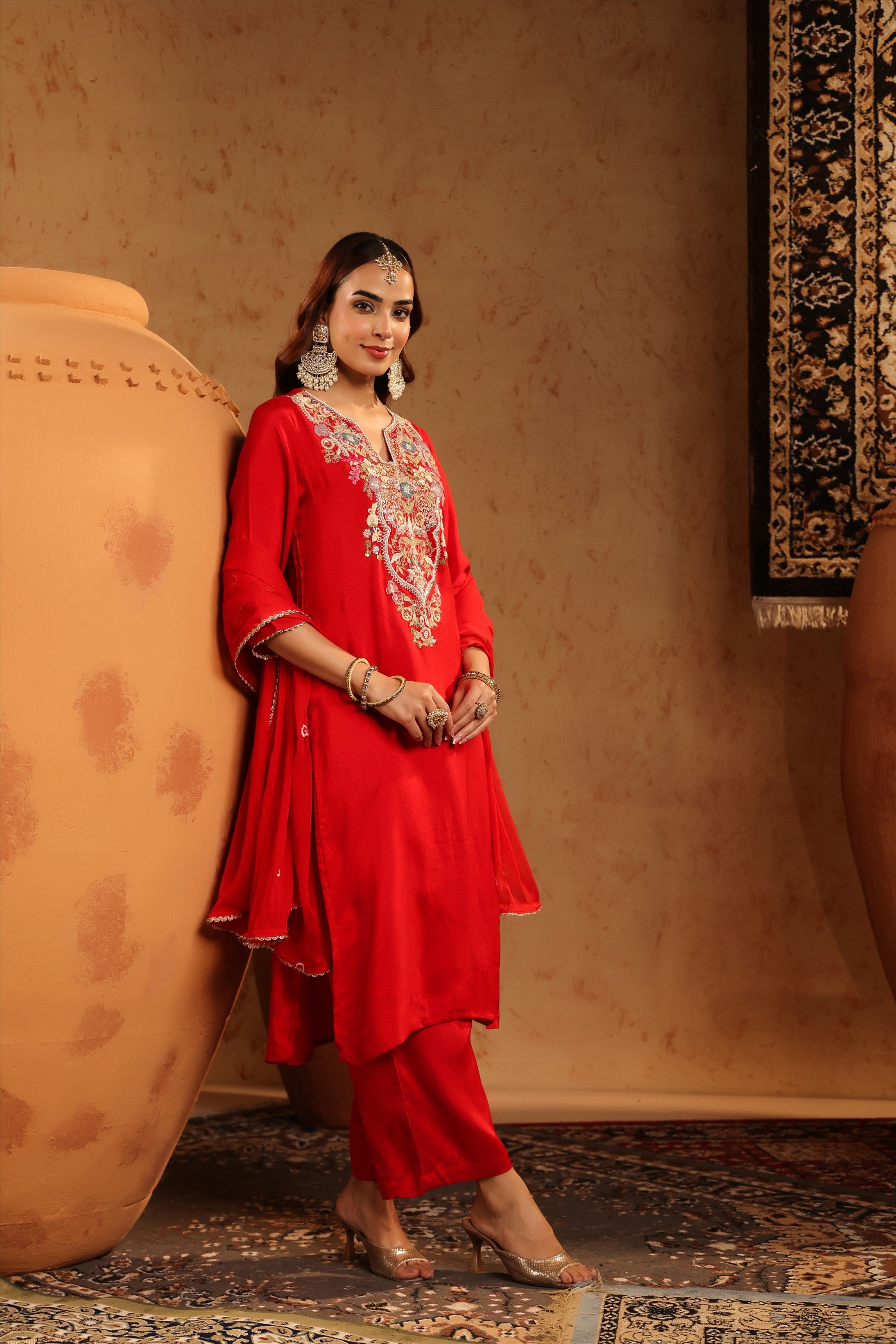 Red Russian Silk Hand Embroidered Straight Suit Set