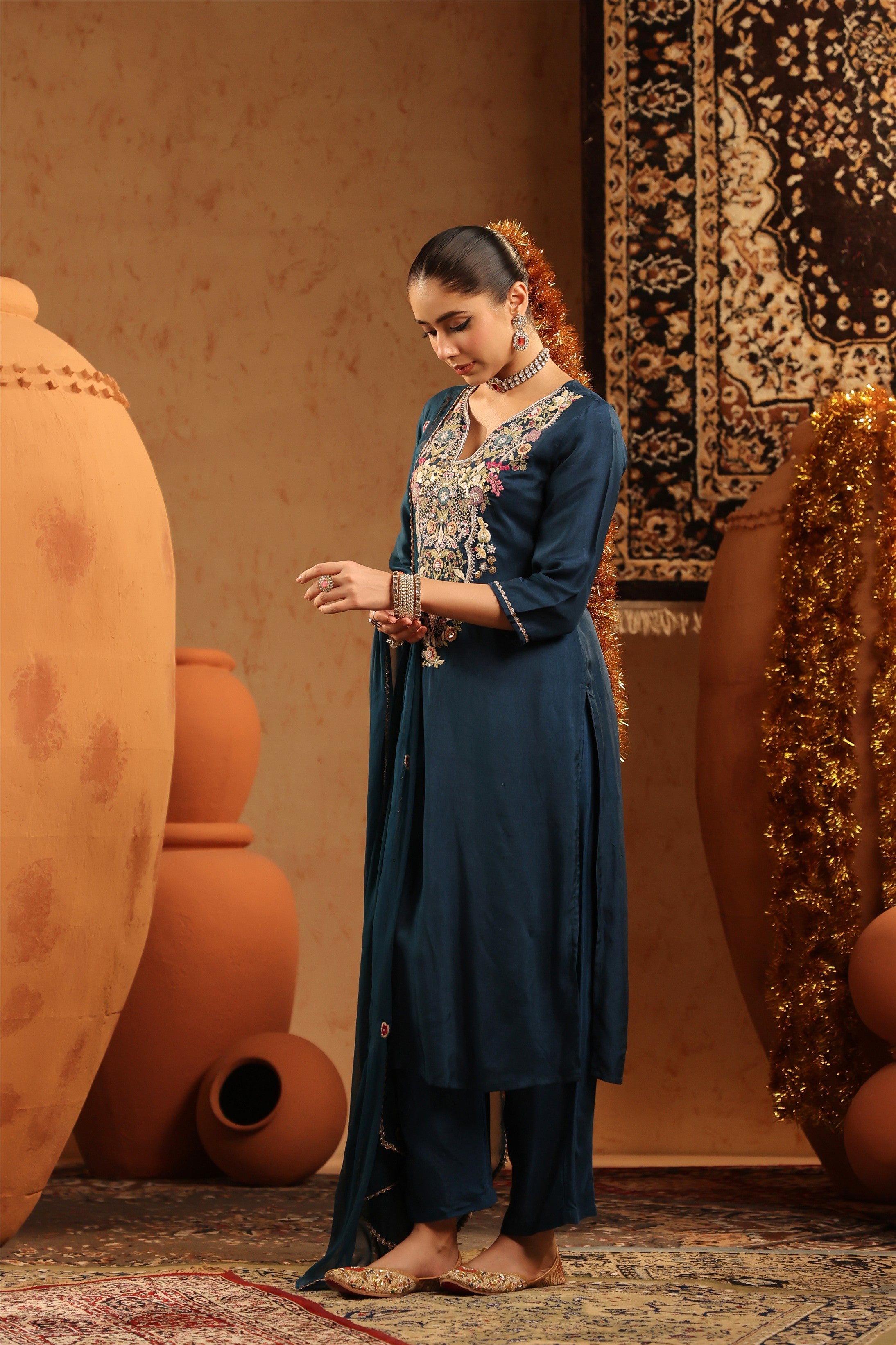 Teal Russian Silk Hand Embroidered Straight Suit Set