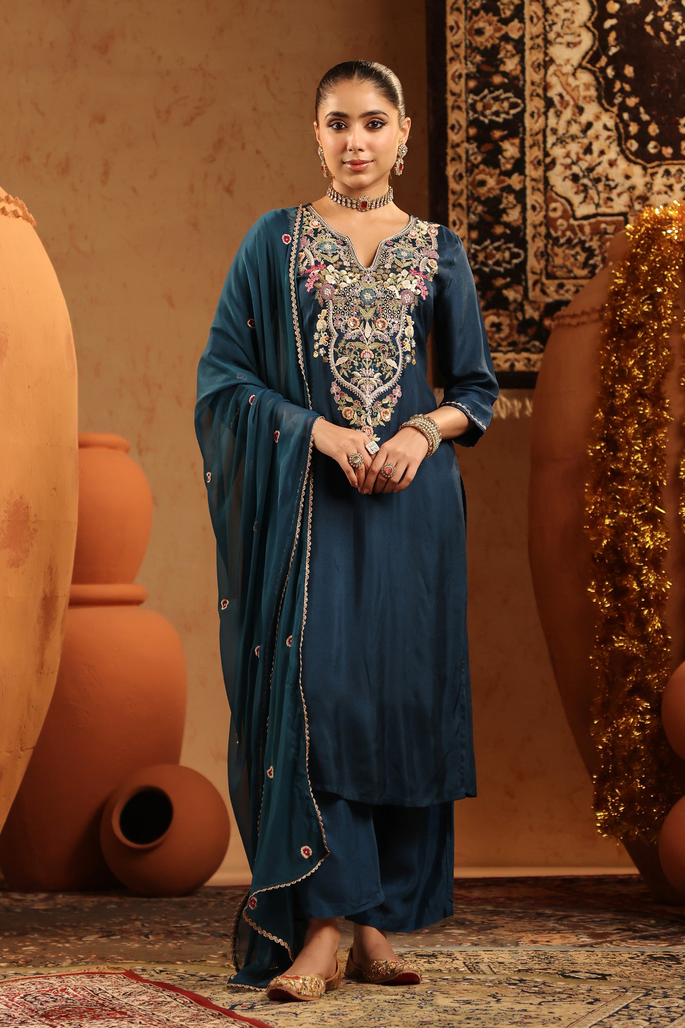 Teal Russian Silk Hand Embroidered Straight Suit Set