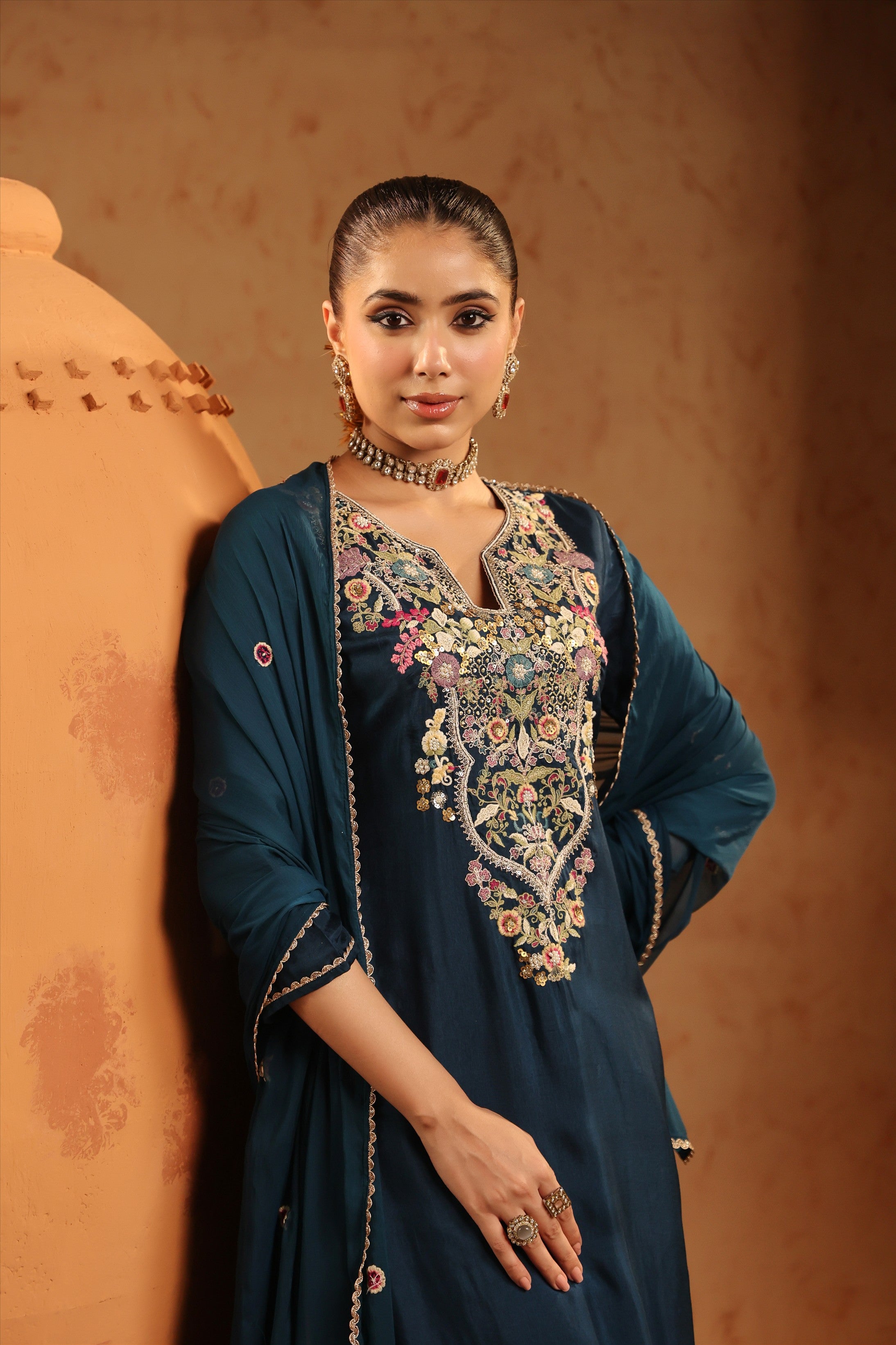 Teal Russian Silk Hand Embroidered Straight Suit Set