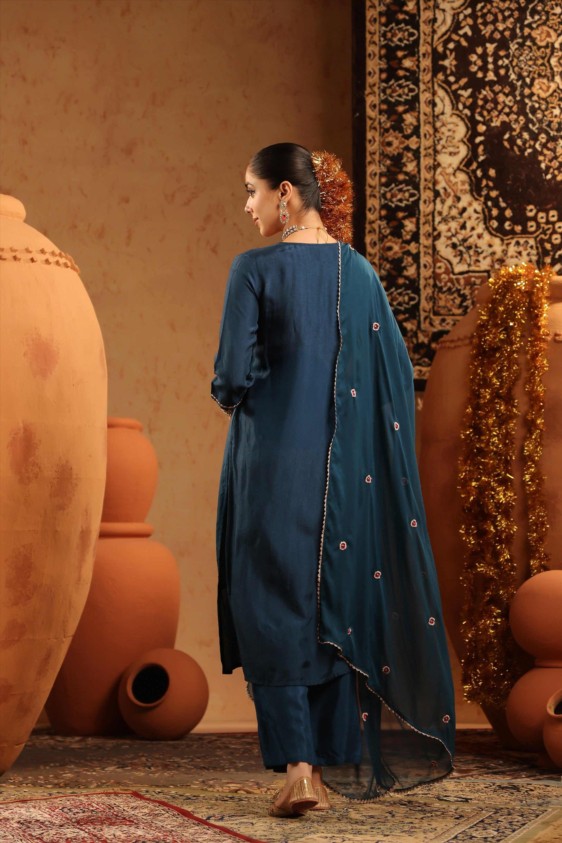 Teal Russian Silk Hand Embroidered Straight Suit Set