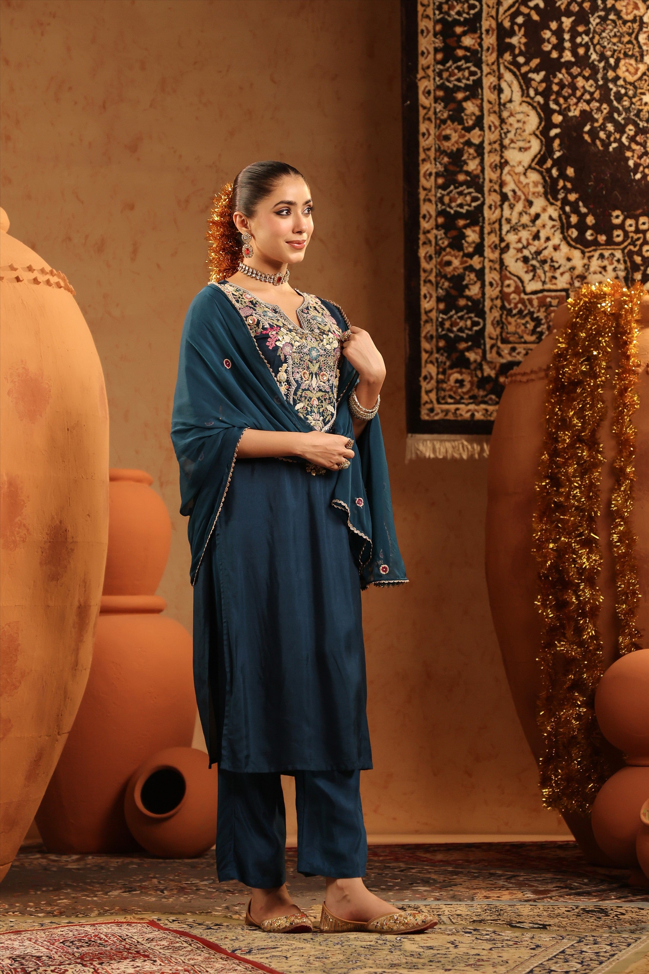 Teal Russian Silk Hand Embroidered Straight Suit Set