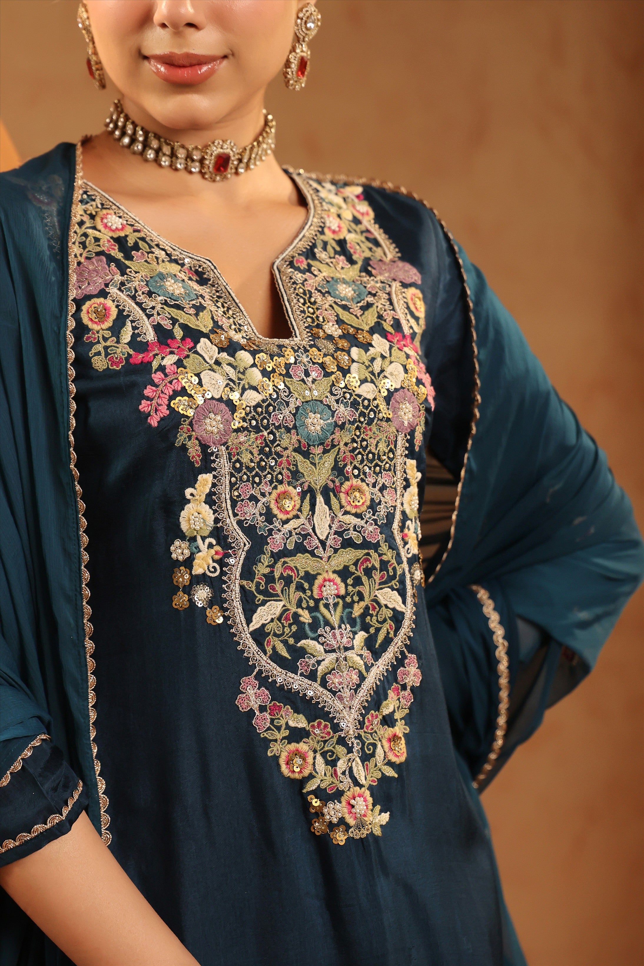 Teal Russian Silk Hand Embroidered Straight Suit Set