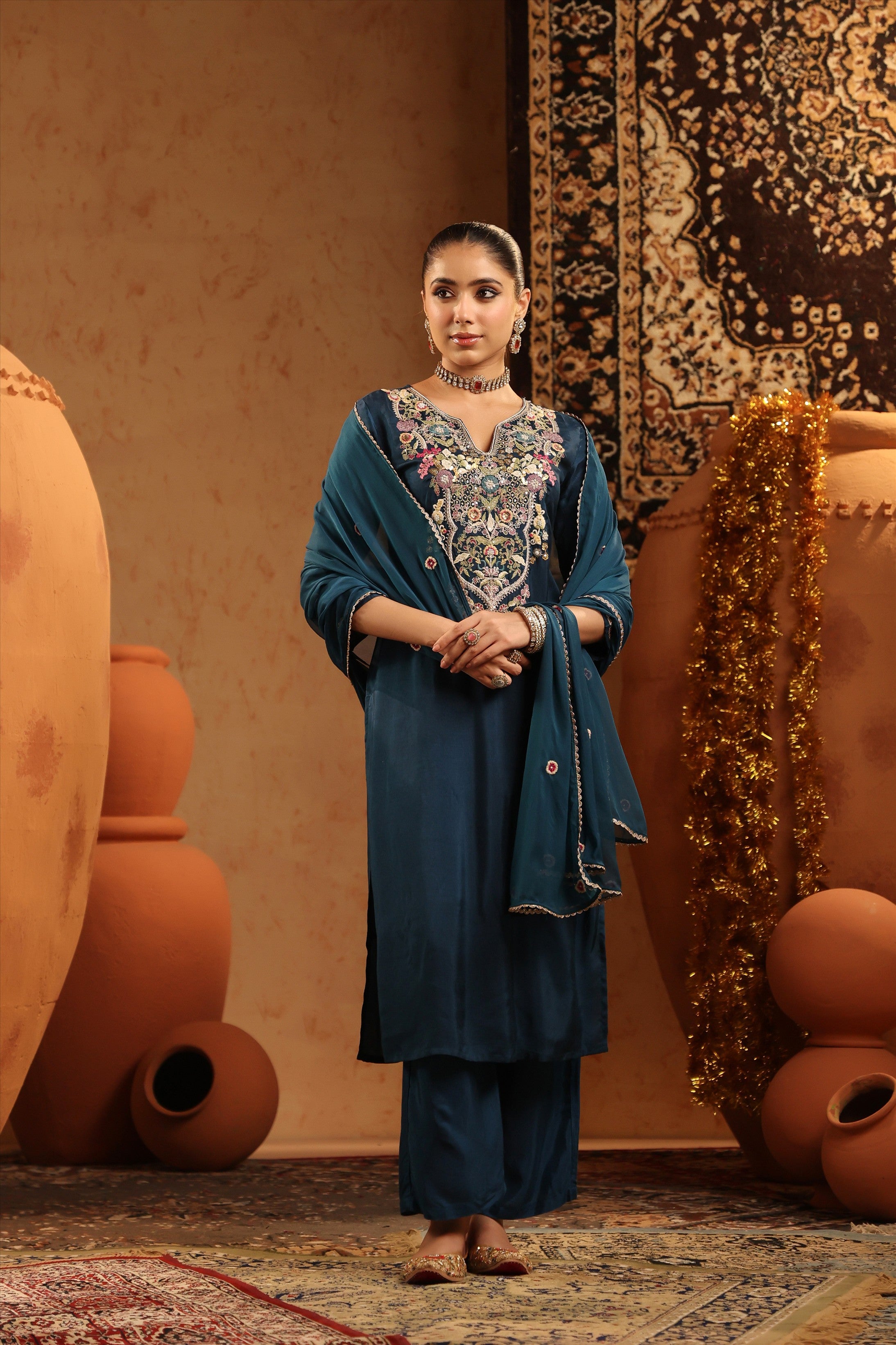 Teal Russian Silk Hand Embroidered Straight Suit Set