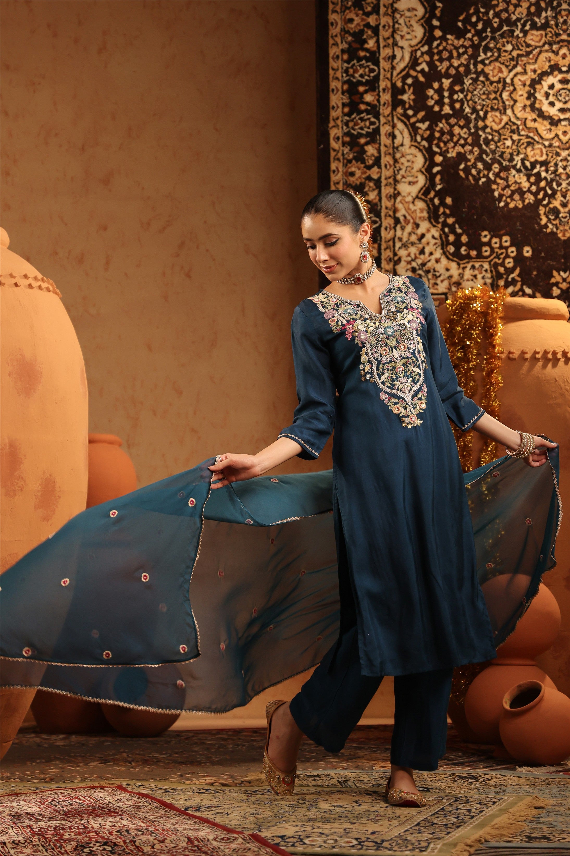 Teal Russian Silk Hand Embroidered Straight Suit Set