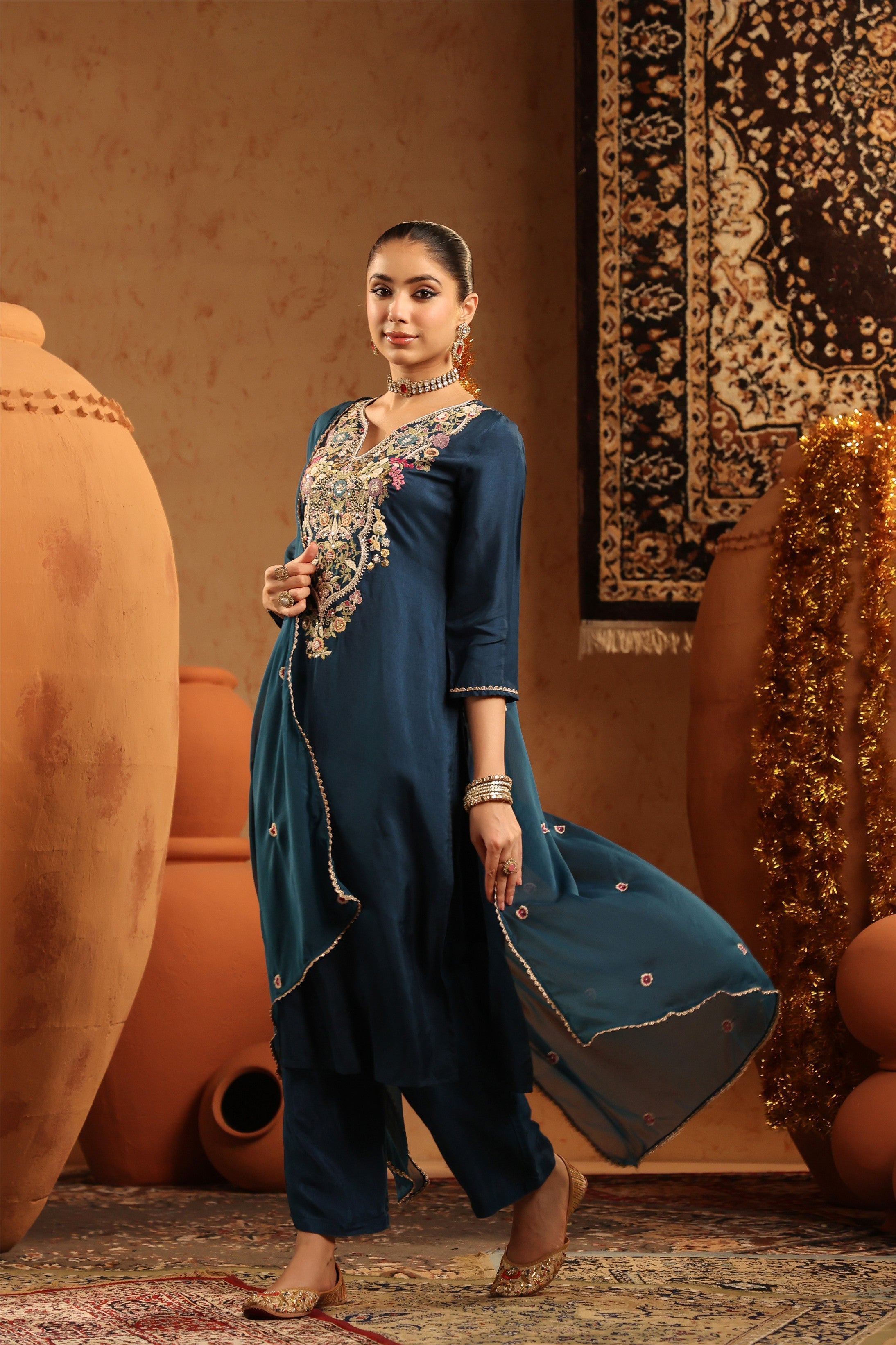 Teal Russian Silk Hand Embroidered Straight Suit Set