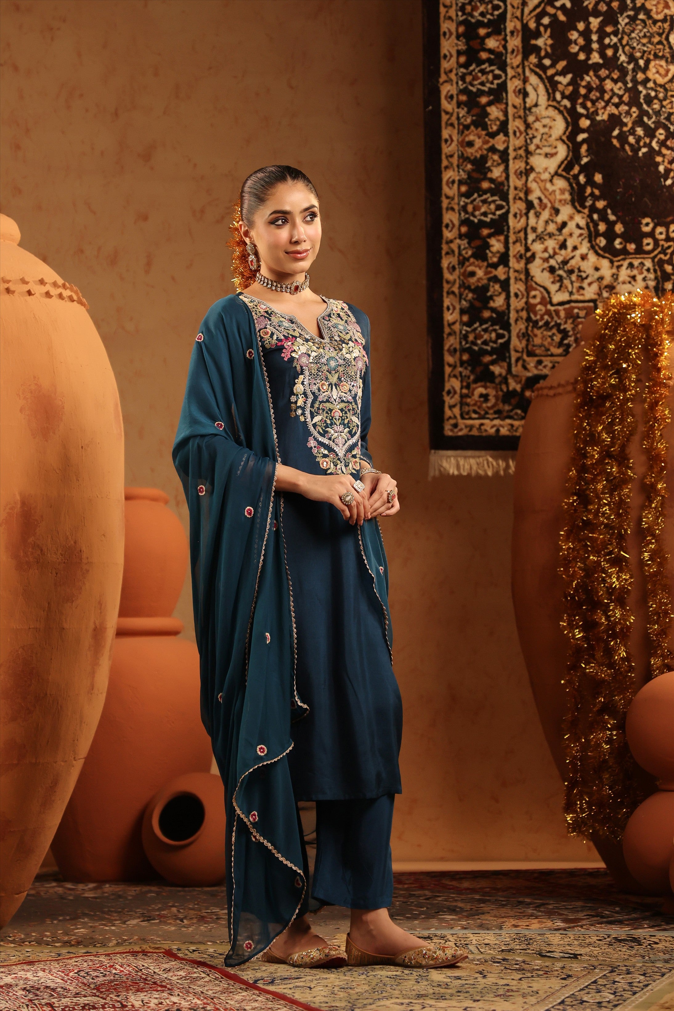 Teal Russian Silk Hand Embroidered Straight Suit Set