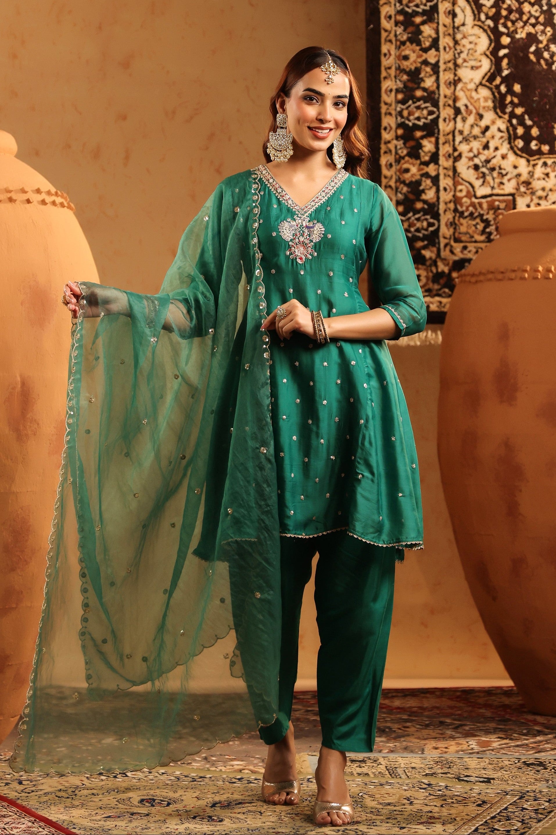 Green Organza Silk Hand Embroidered Anarkali Suit Set