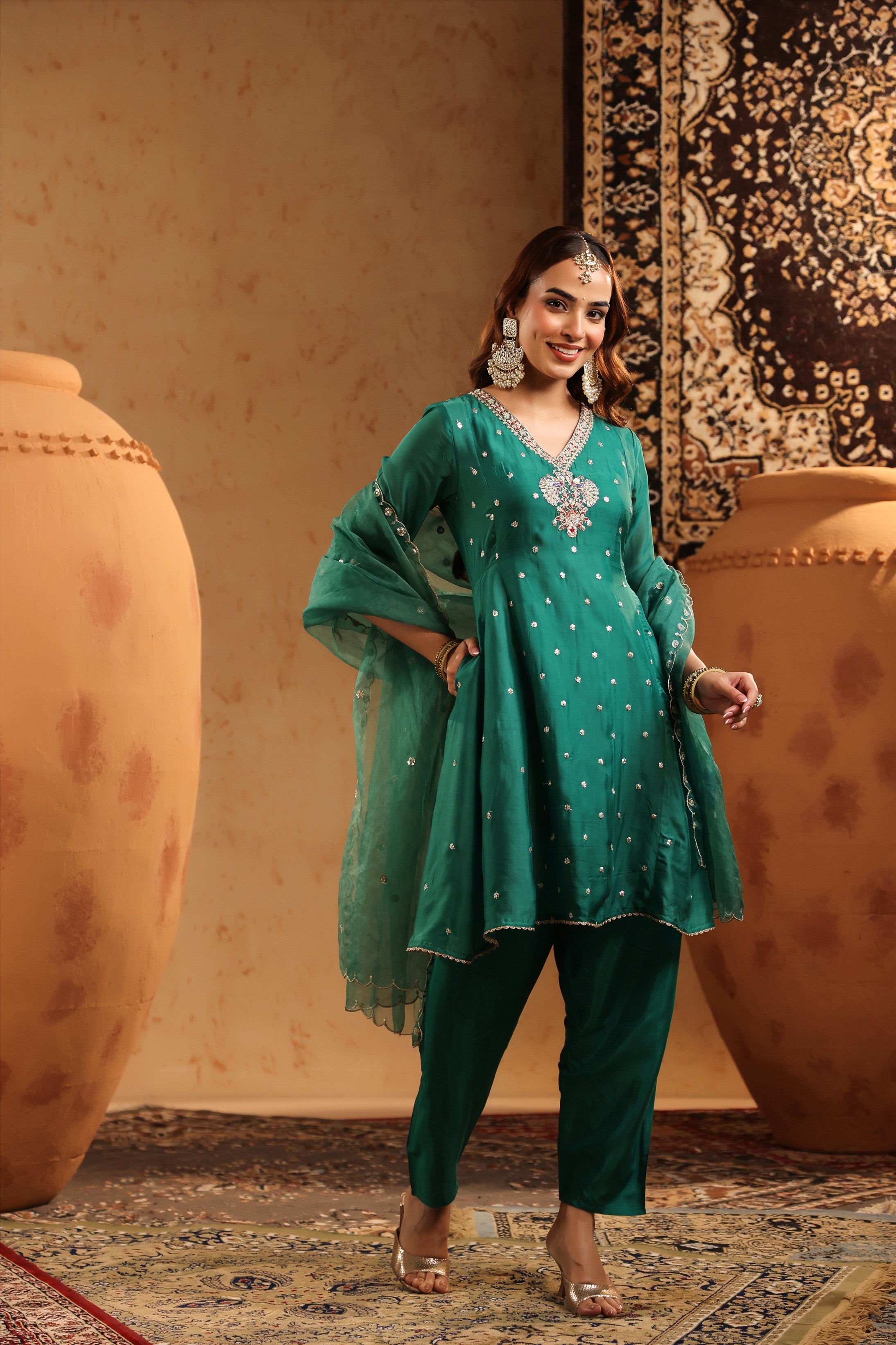 Green Organza Silk Hand Embroidered Anarkali Suit Set