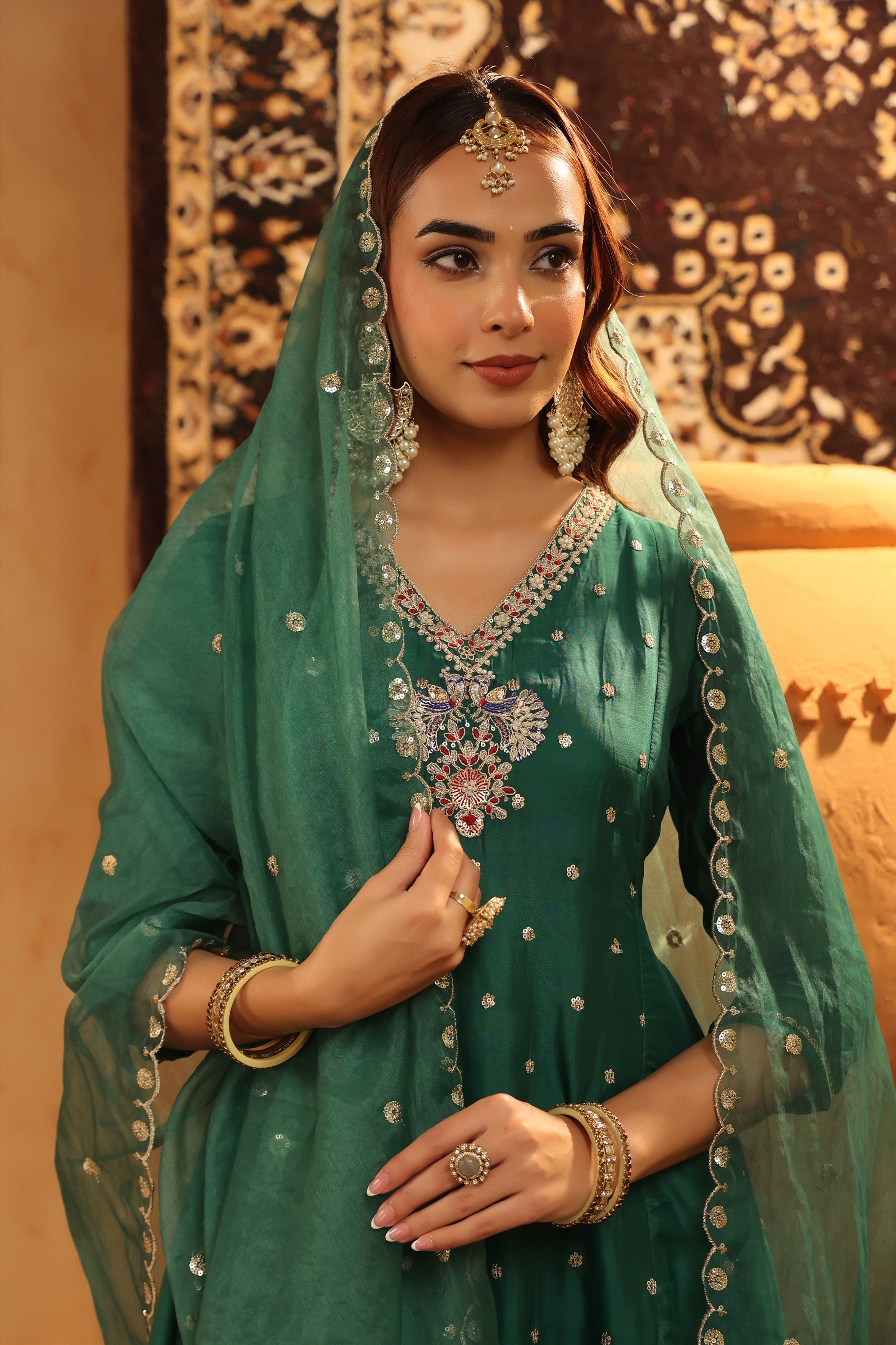 Green Organza Silk Hand Embroidered Anarkali Suit Set