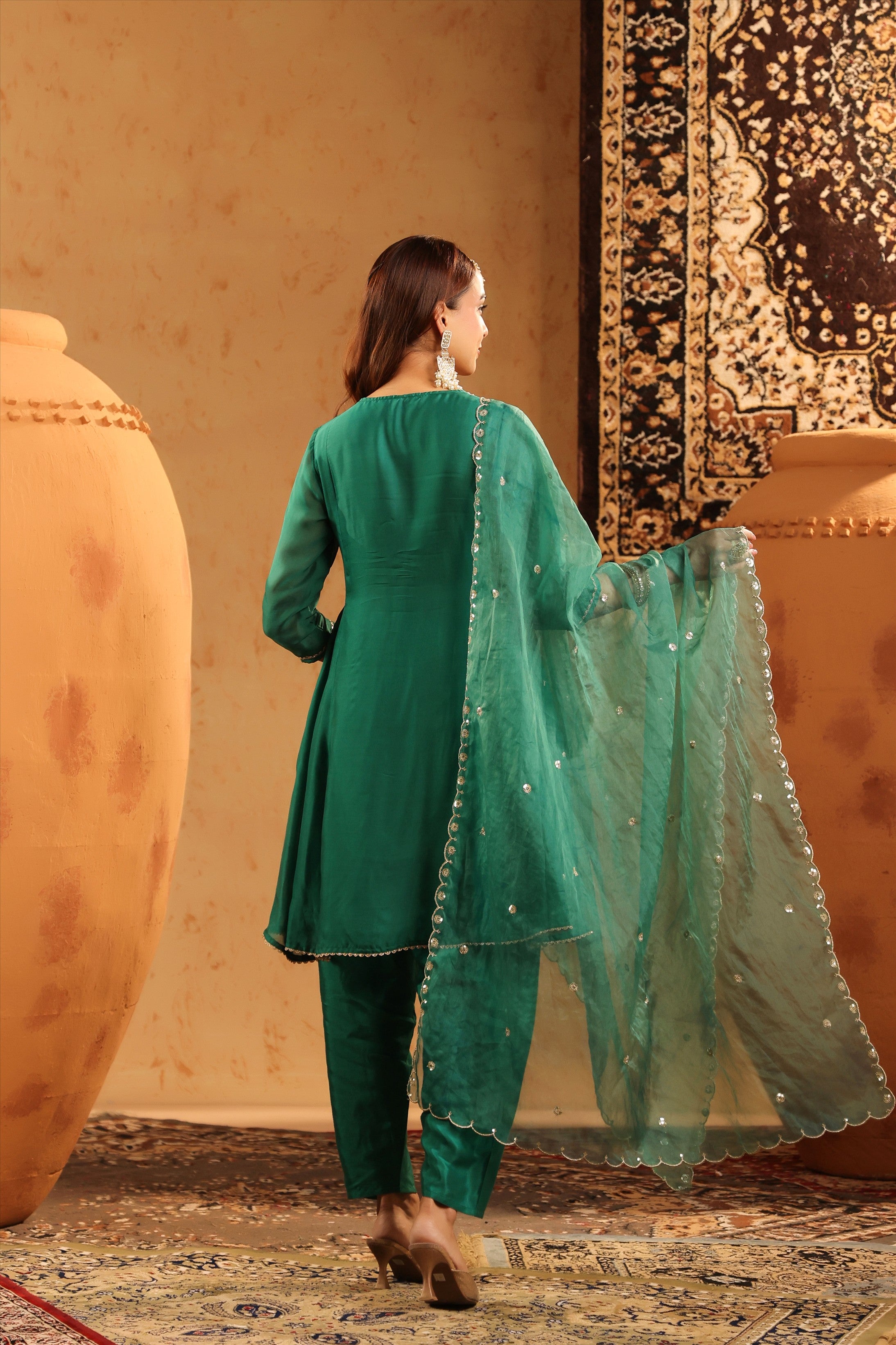 Green Organza Silk Hand Embroidered Anarkali Suit Set