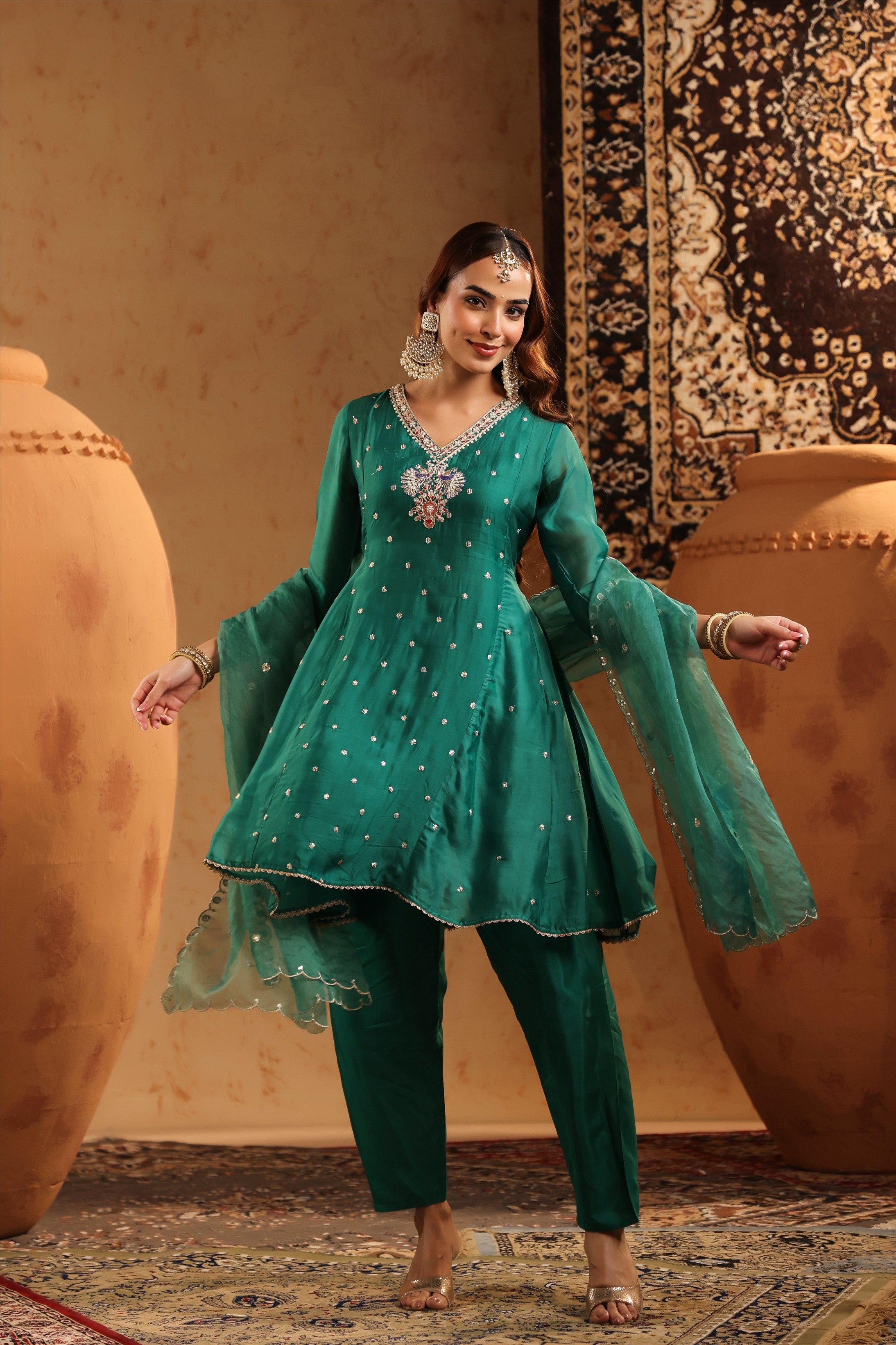 Green Organza Silk Hand Embroidered Anarkali Suit Set