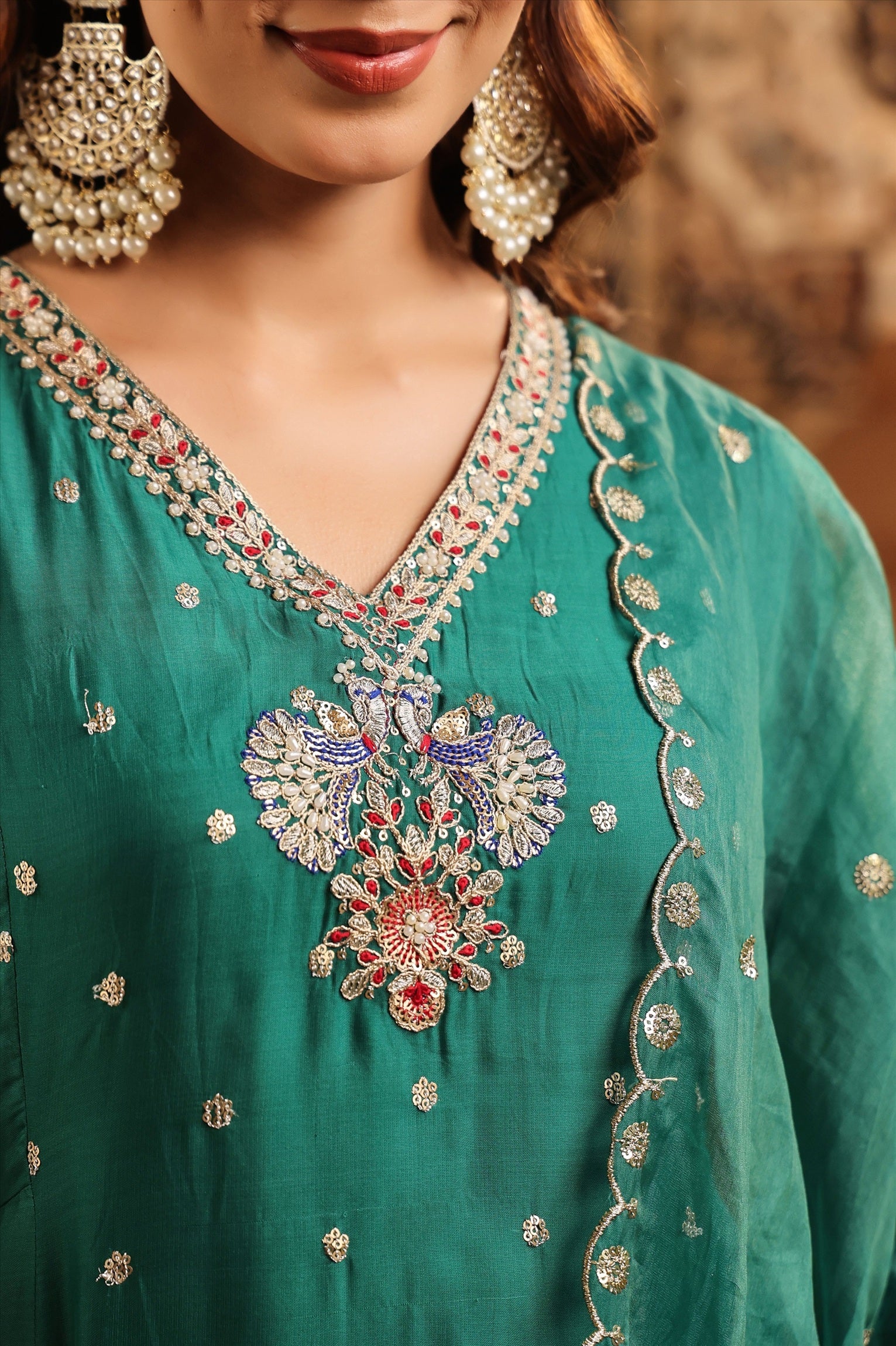 Green Organza Silk Hand Embroidered Anarkali Suit Set